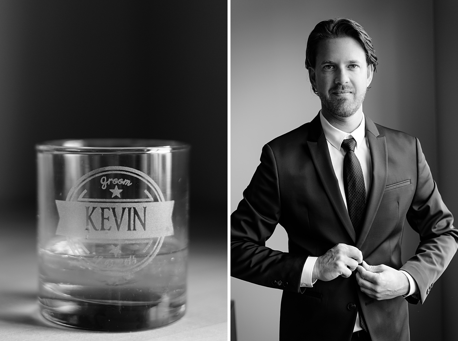 Groom portrait in classic black and white and scotch glass with engraving