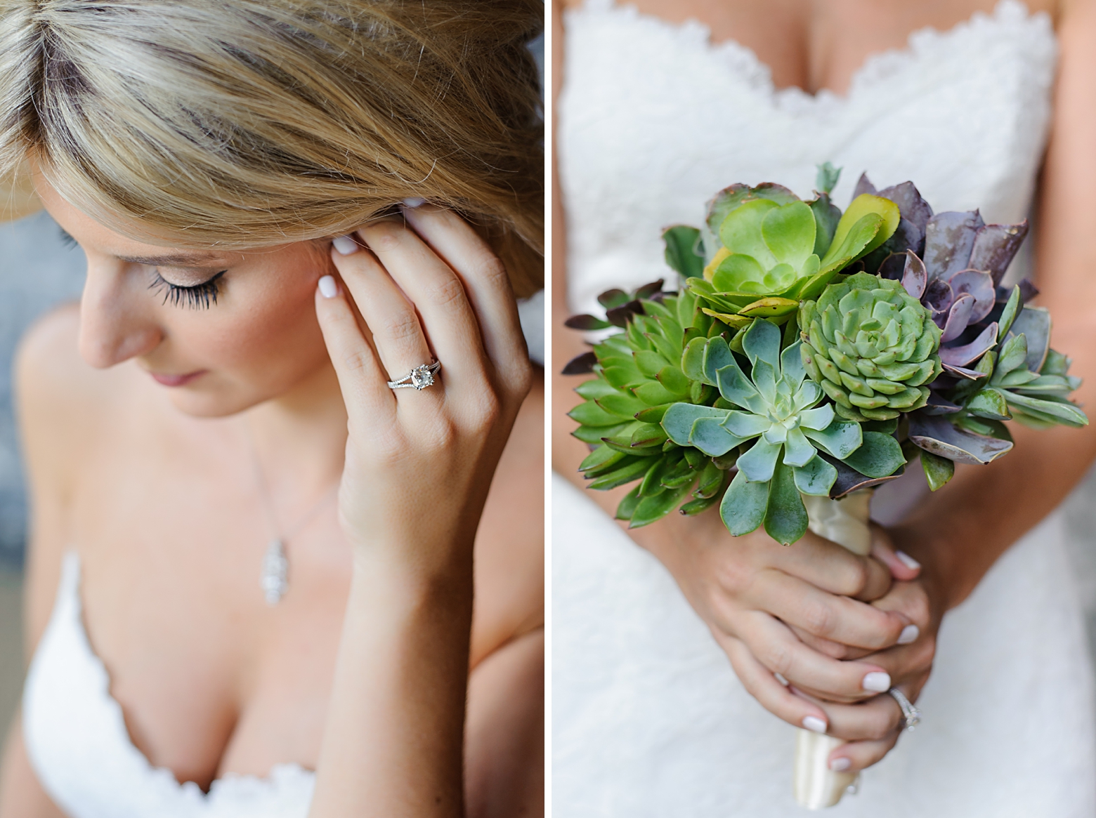 Detailed photos of the Brides ring on her hand and her holding the succulent filled flower bouquet