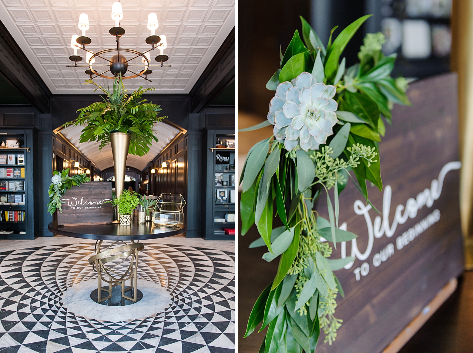 the lobby of Oxford Exchange filled with greenery and a welcome table by Sarah and Ben Photography