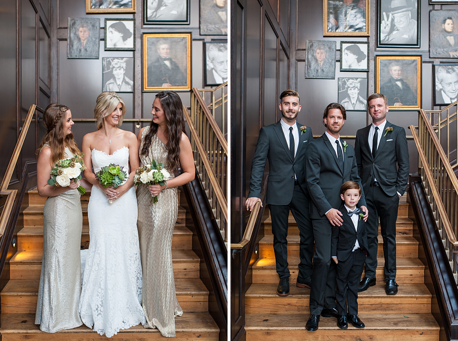 Bride and her Bridesmaids and Groom with his Groomsmen on the steps in the atrium in Tampa, FL
