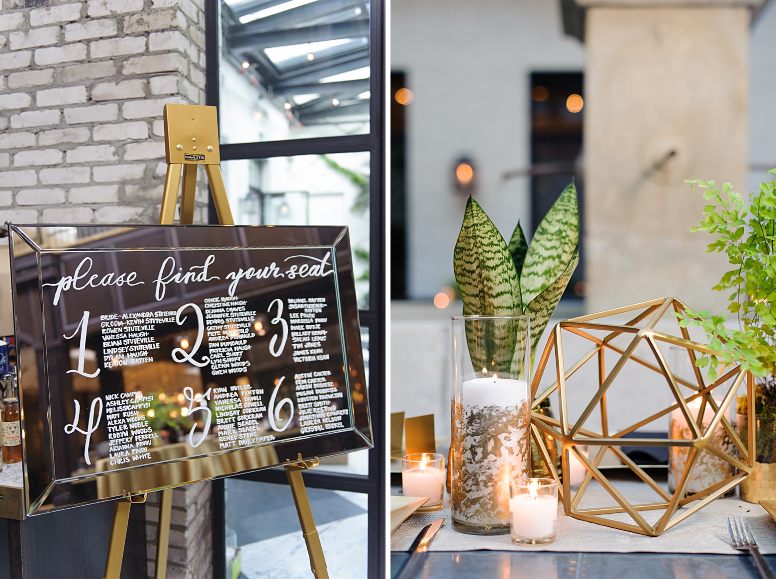 Mirrored seating chart on gold stand and gold geodesic sculptures filled the centerpieces