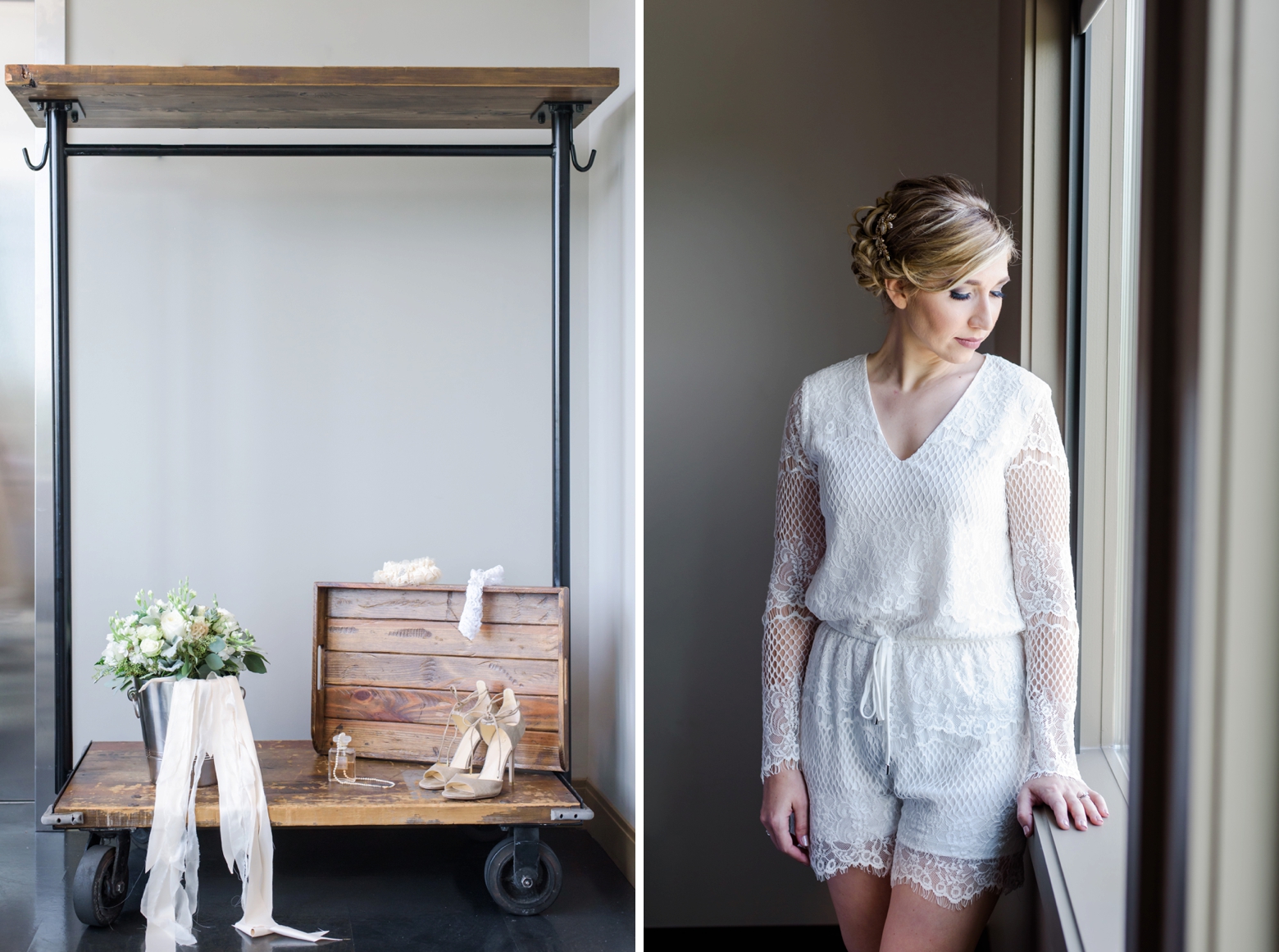 Bridal details on a hotel cart and the bride in her white romper before her wedding at oxford exchange