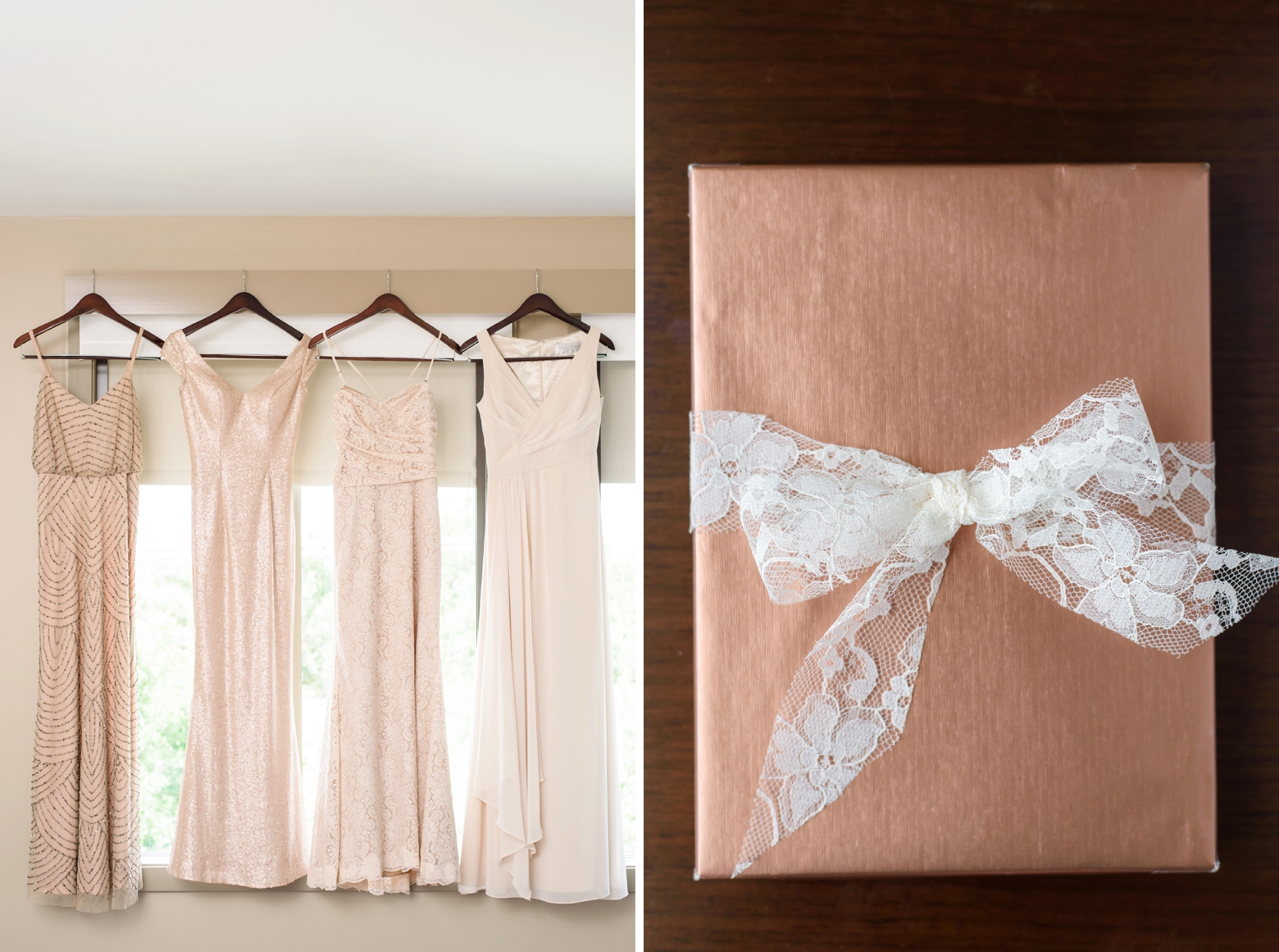 Bridesmaids dresses hanging in front of a window and the gift box for the Bride