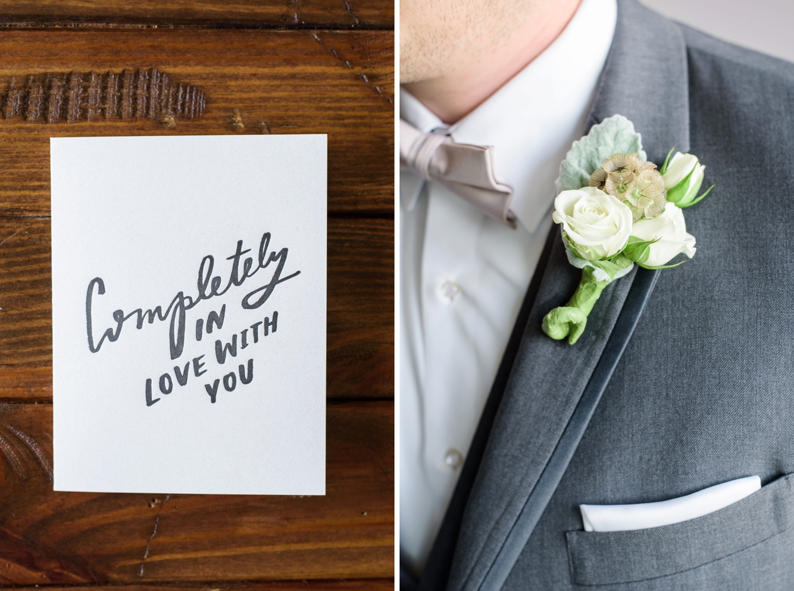 A card from the Bride to the Groom and a detail of his White floral boutonniere 
