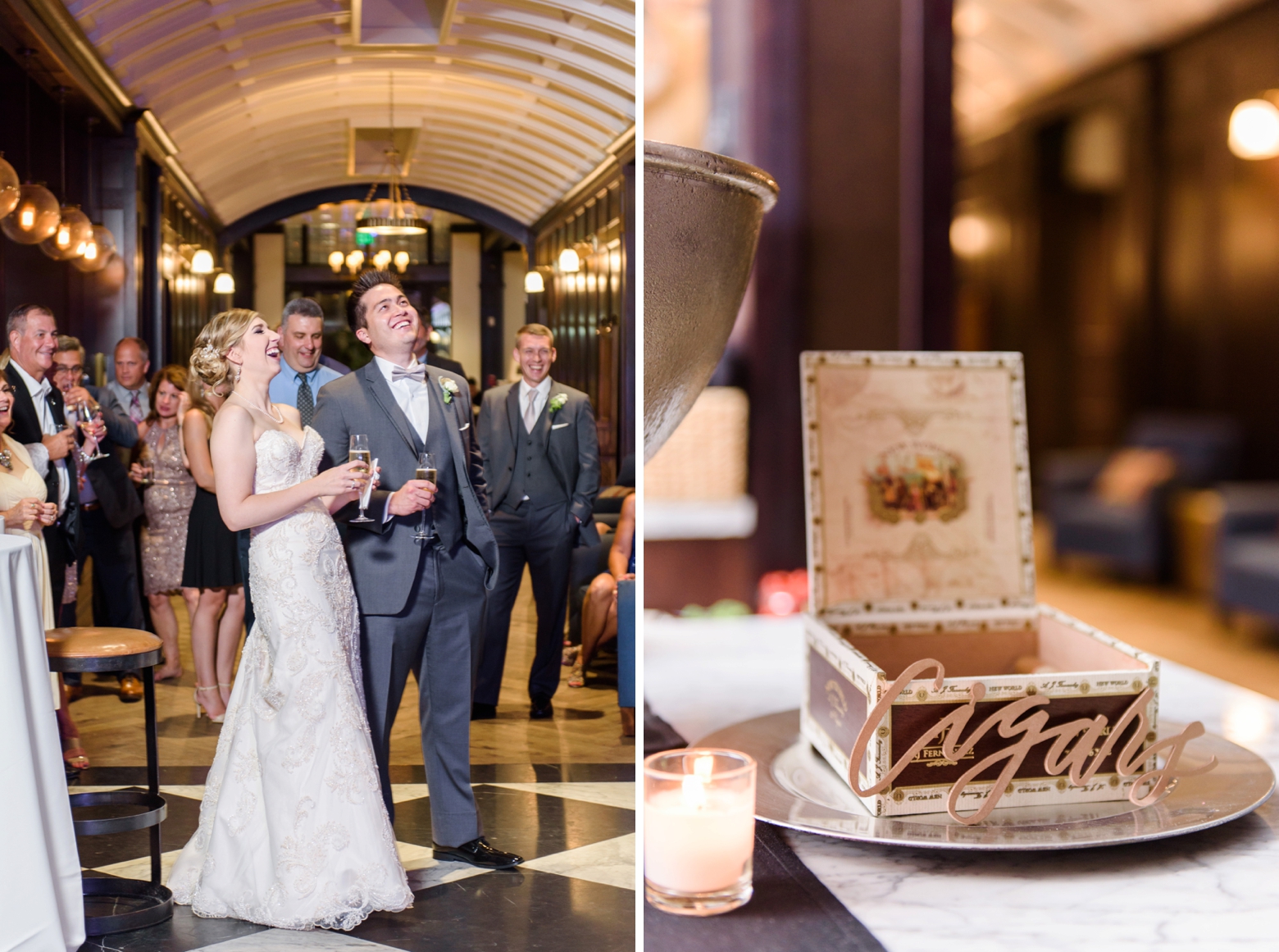 Bride and Groom laugh during speeches and a cigar box is propped open with a custom designed label