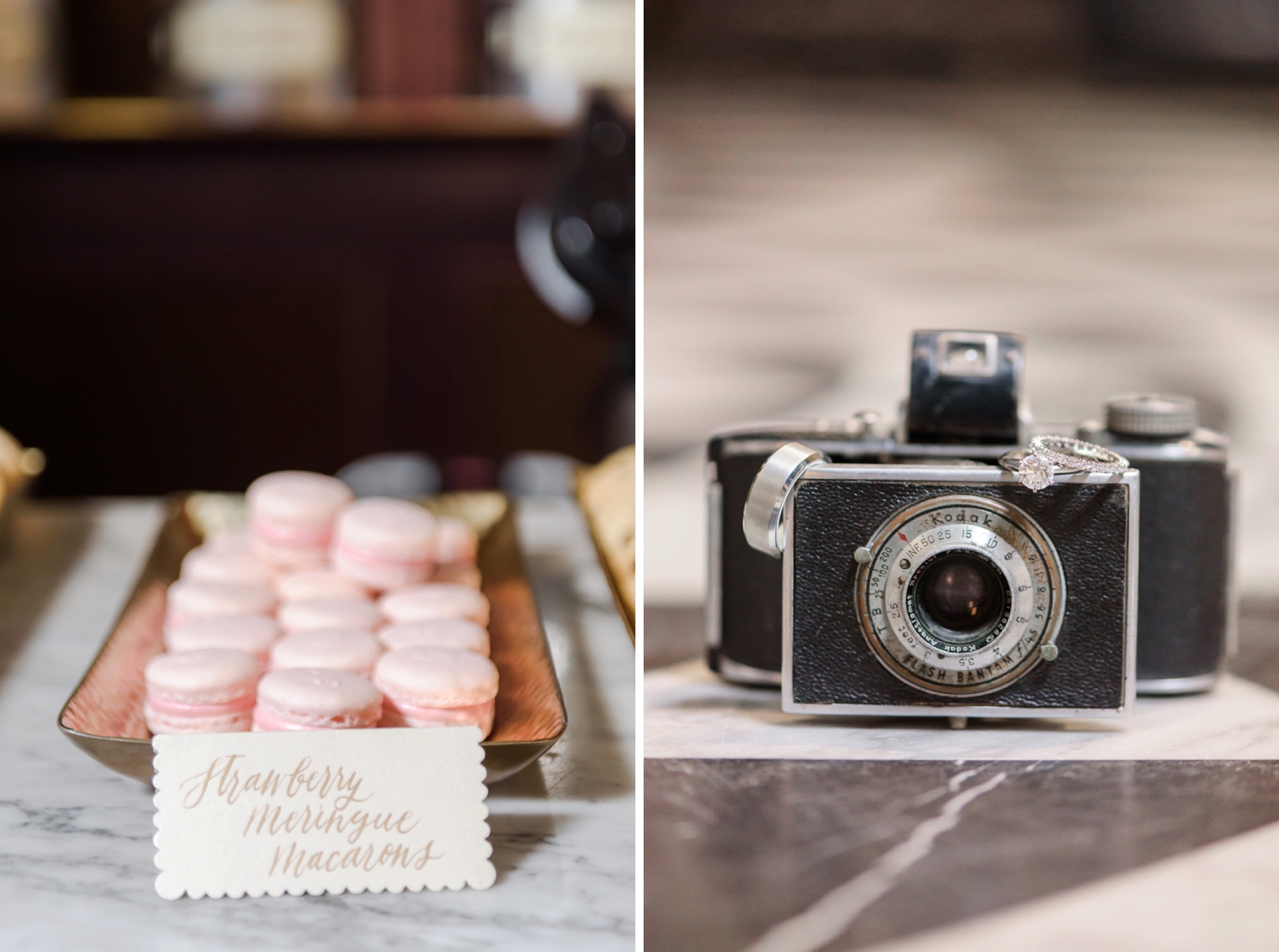 Some pink macarons on the desert table and a photo of the wedding bands on a vintage film camera