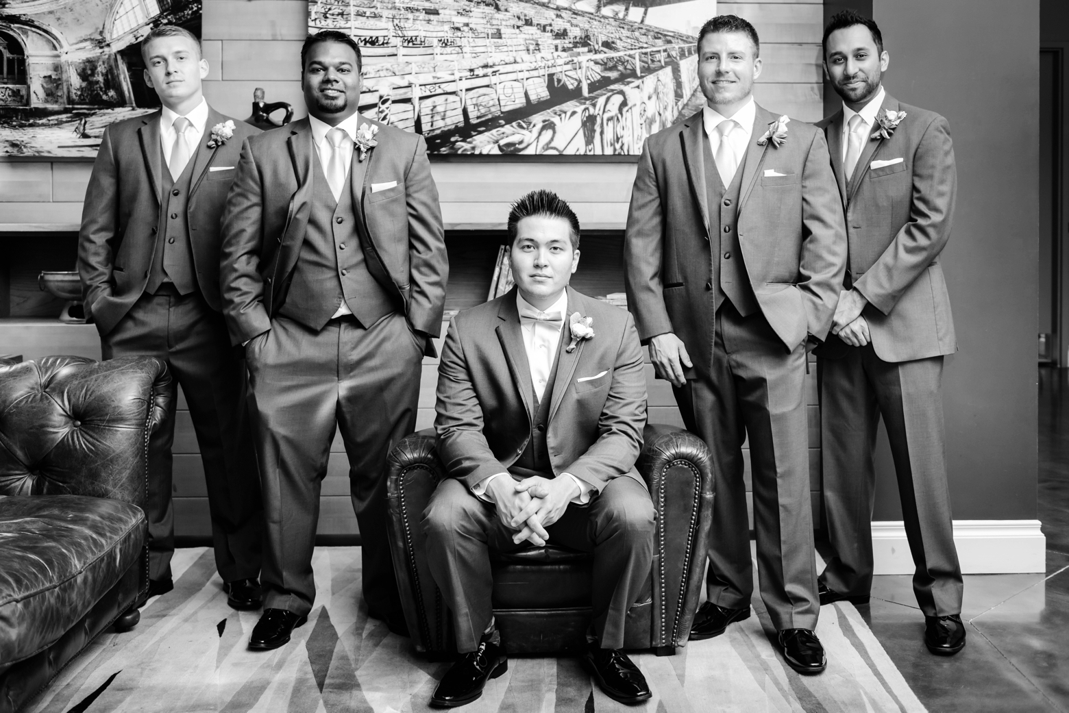 The Groom and his Groomsmen pose in the lobby of the Epicurean Hotel in South Tampa