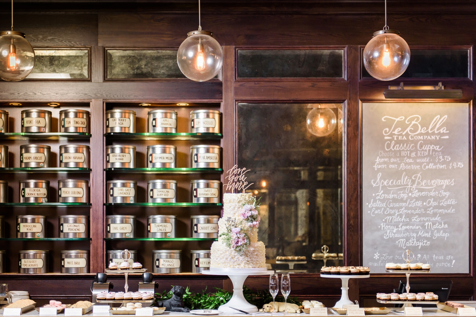 The wedding table spread across the TeBell Tea Company's counter inside the Oxford Exchange