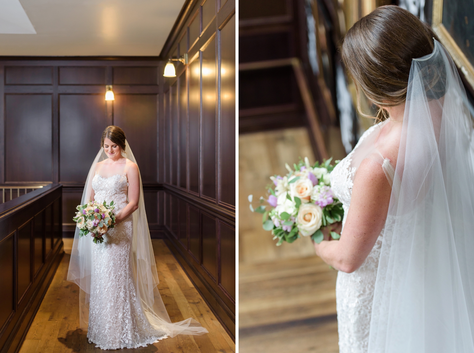 A classic portrait of a bride and a detail shot of her veil while she holds pastel florals