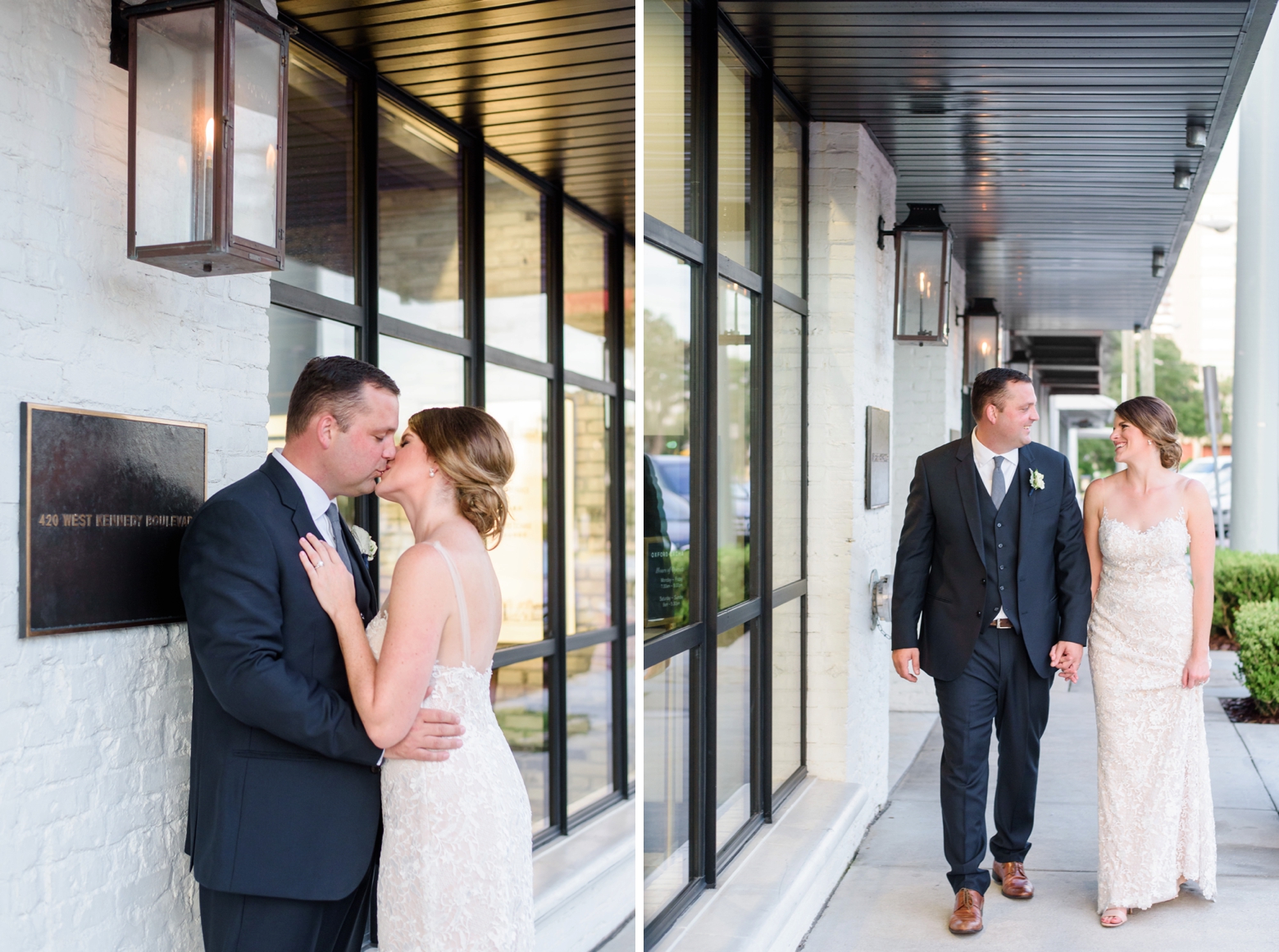 Two pictures of a bride and groom outside of Oxford Exchange in tampa Florida