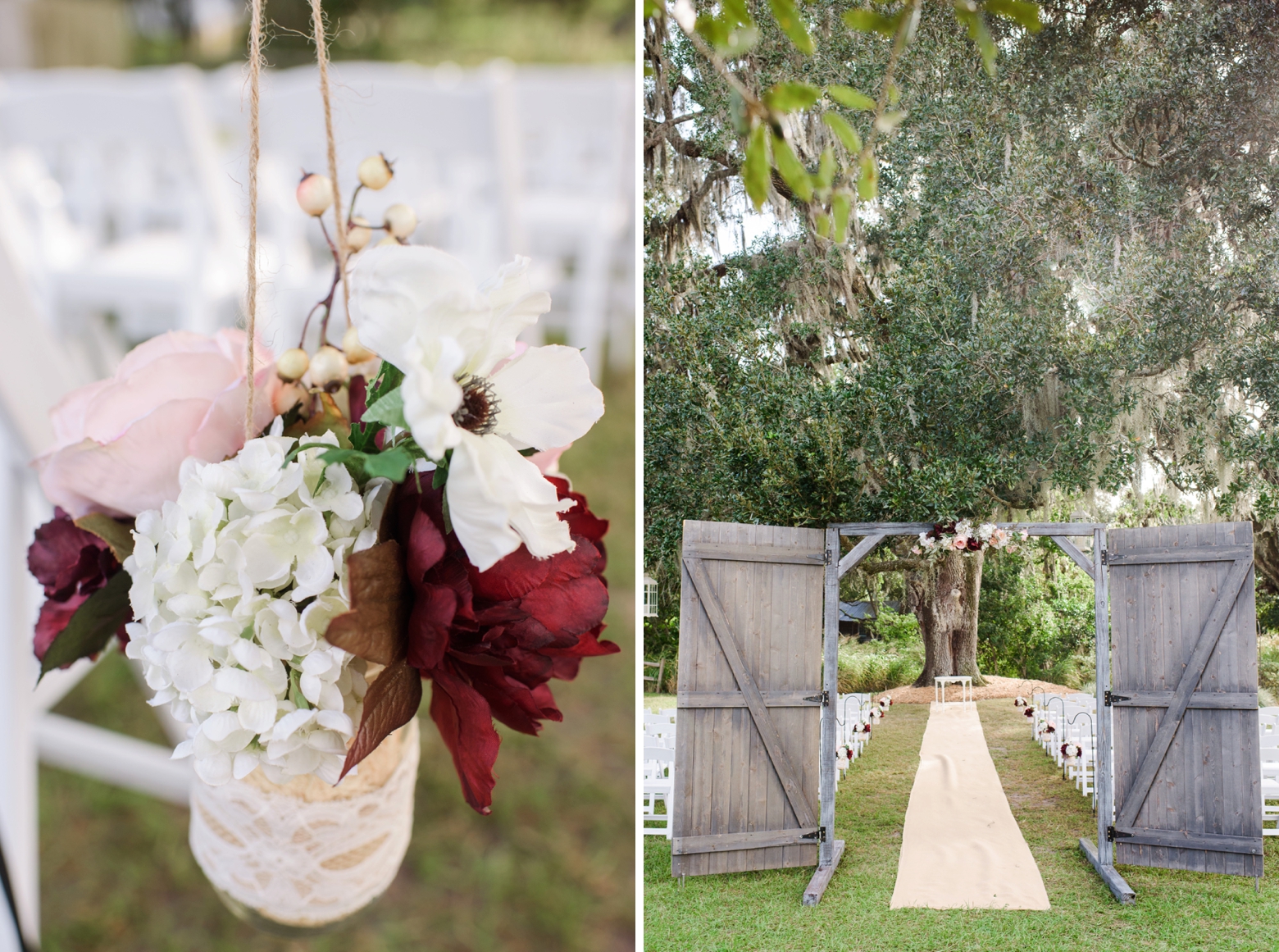 The wedding ceremony details including a mason jar filled with flowers and some barn doors leading to the aisle