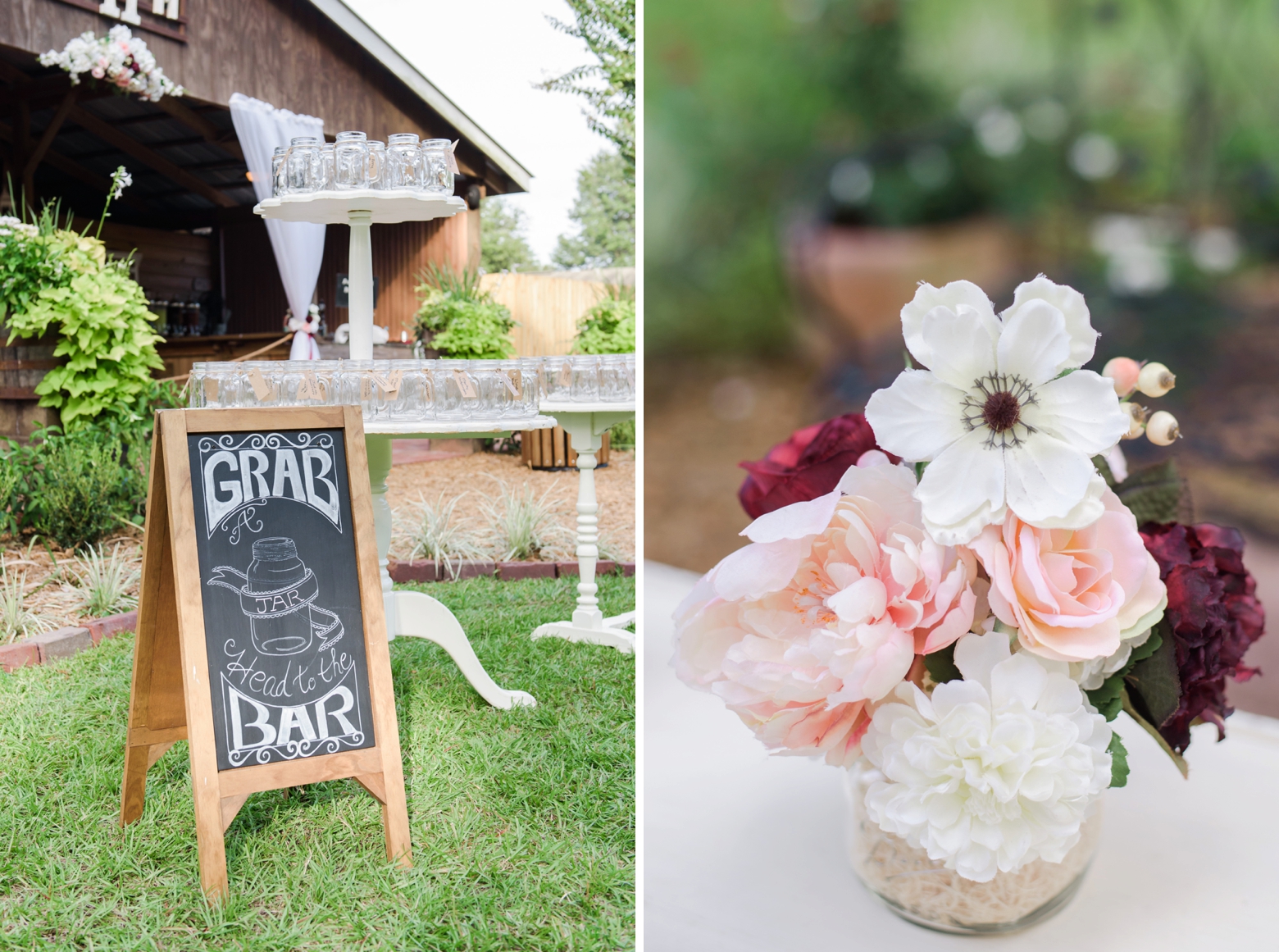 Chalkboard sign and small table flower arrangements scattered around the Cross Creek Ranch reception