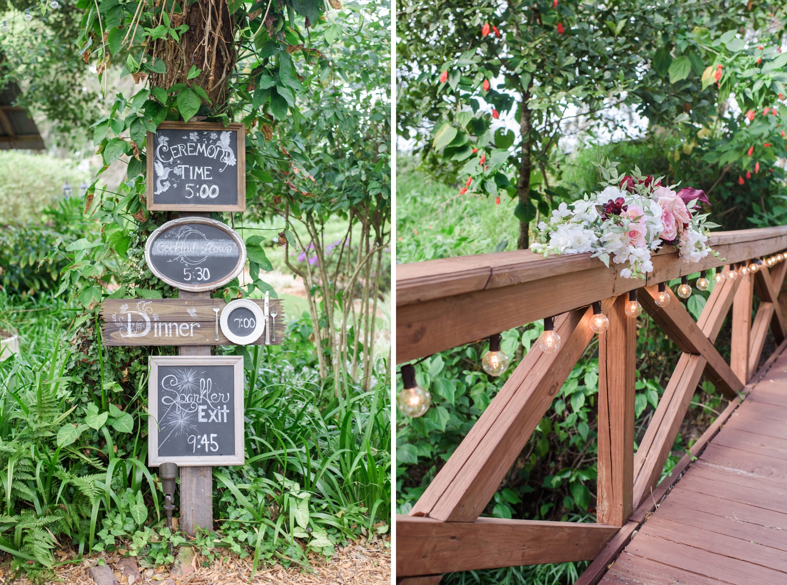 Reception details of the Cross Creek Ranch Wedding reception such as a sign for the times of events and a floral arrangement on the bridge