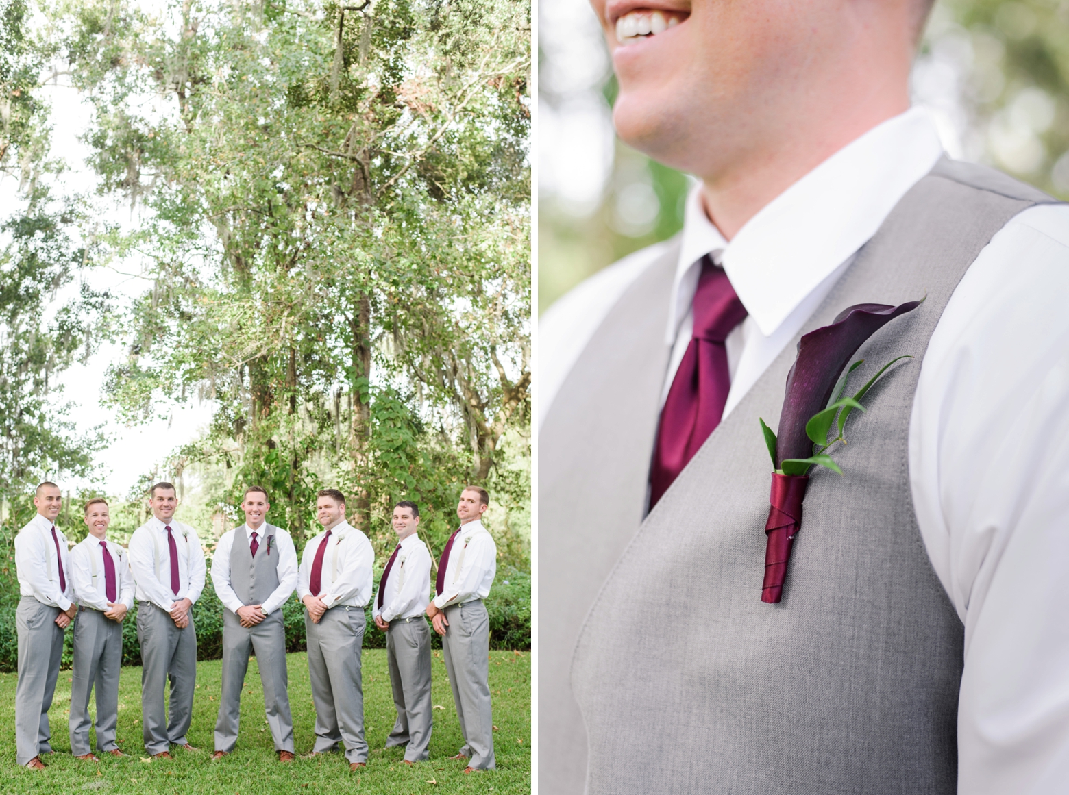 The Groom and his Groomsmen pose under the large trees on the Cross Creek Ranch property