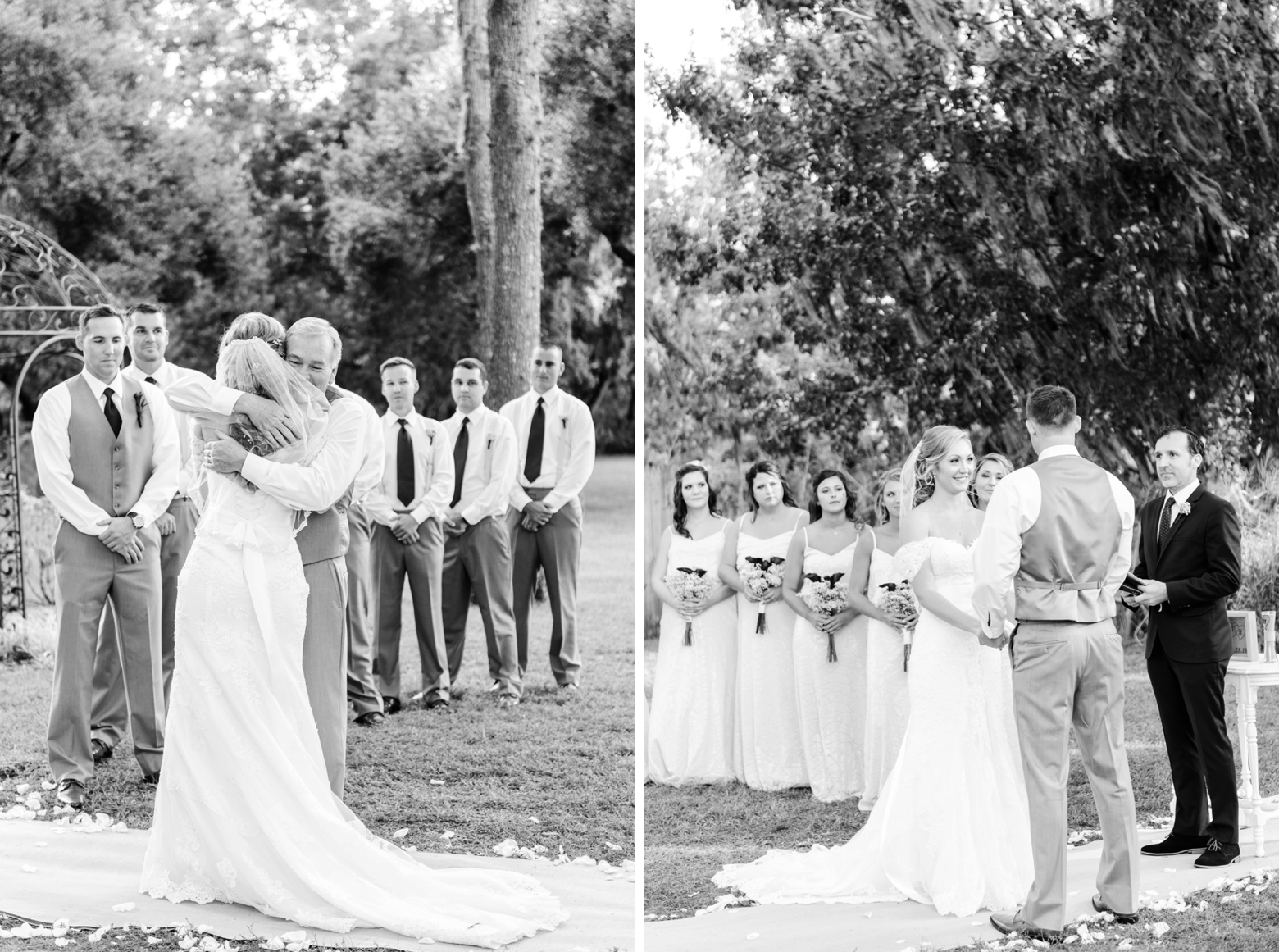Black and White photos of the Bride hugging her Dad and standing at the altar with her Groom