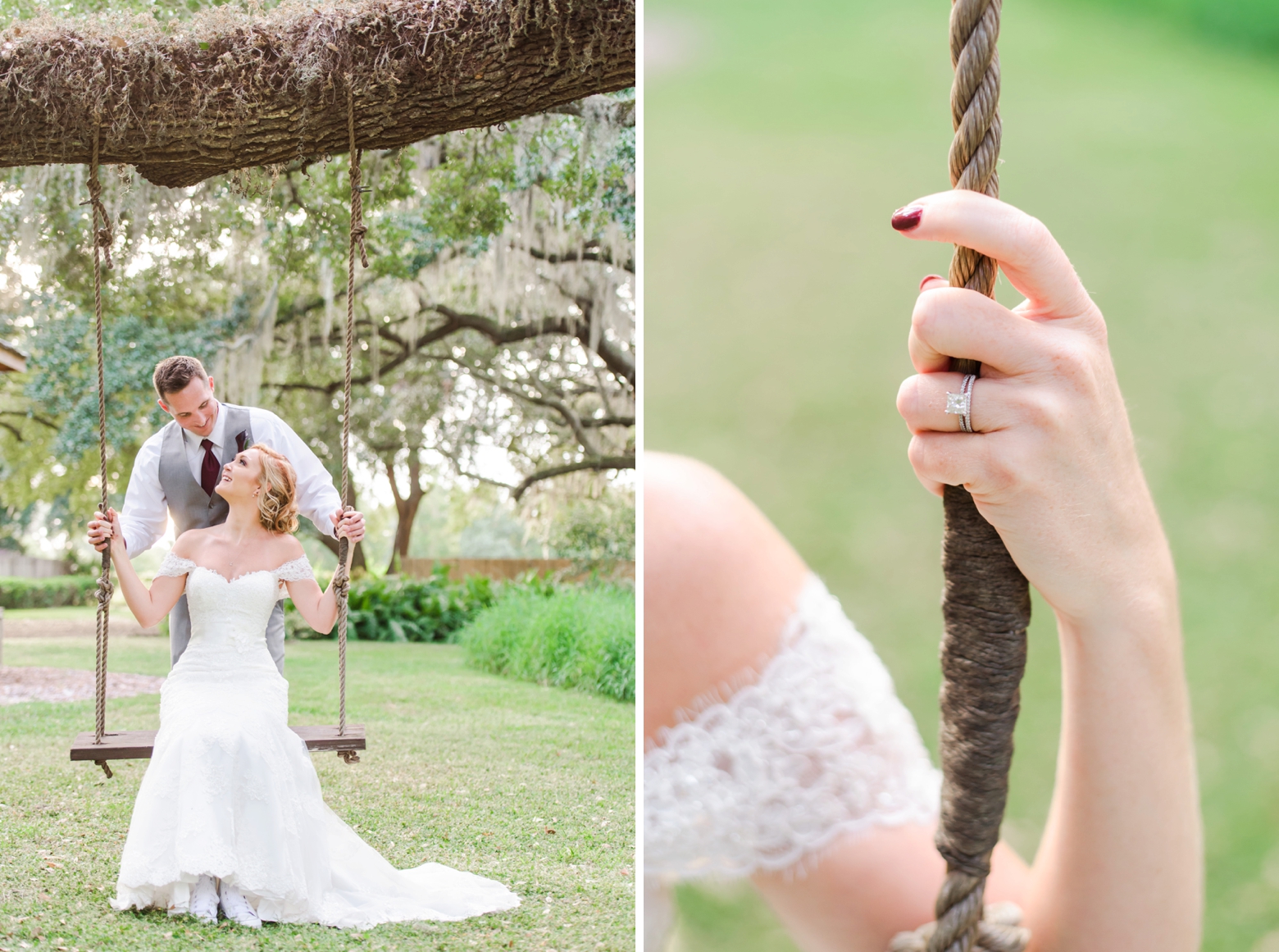 Bride and Groom take some time to swing on a tree swing and a close up of the wedding rings on her fingers as she holds the rope
