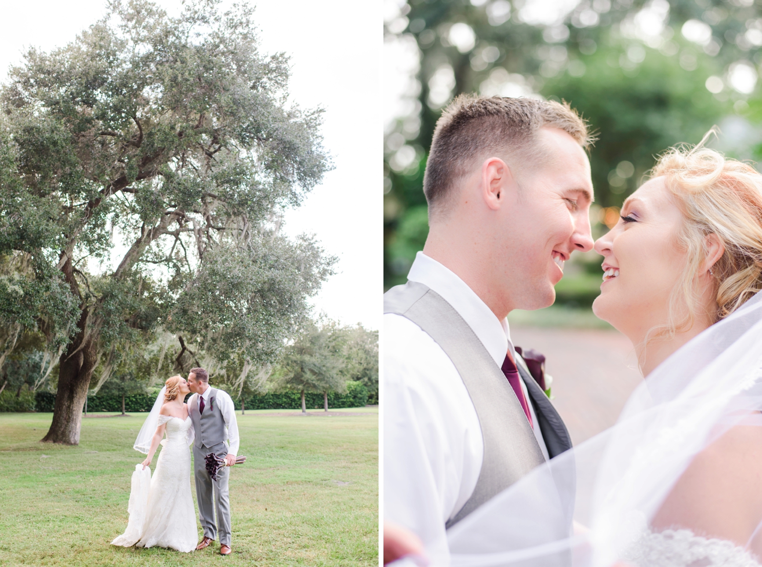 The newlyweds share an intimate smile and kiss surrounded by trees in rural Tampa, FL