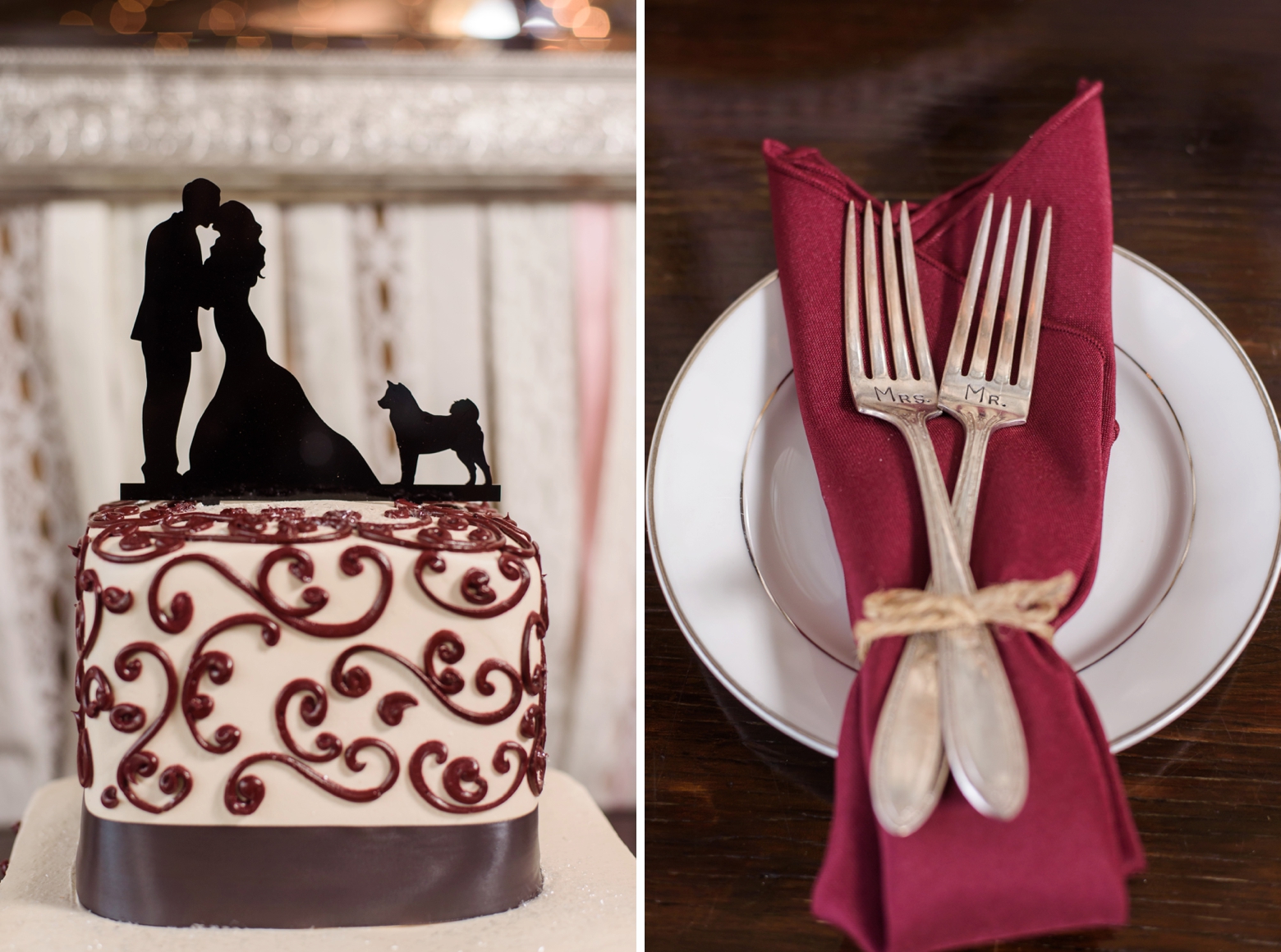 The wedding cake and topper featuring a silhouette of the Bride and Groom and their dog