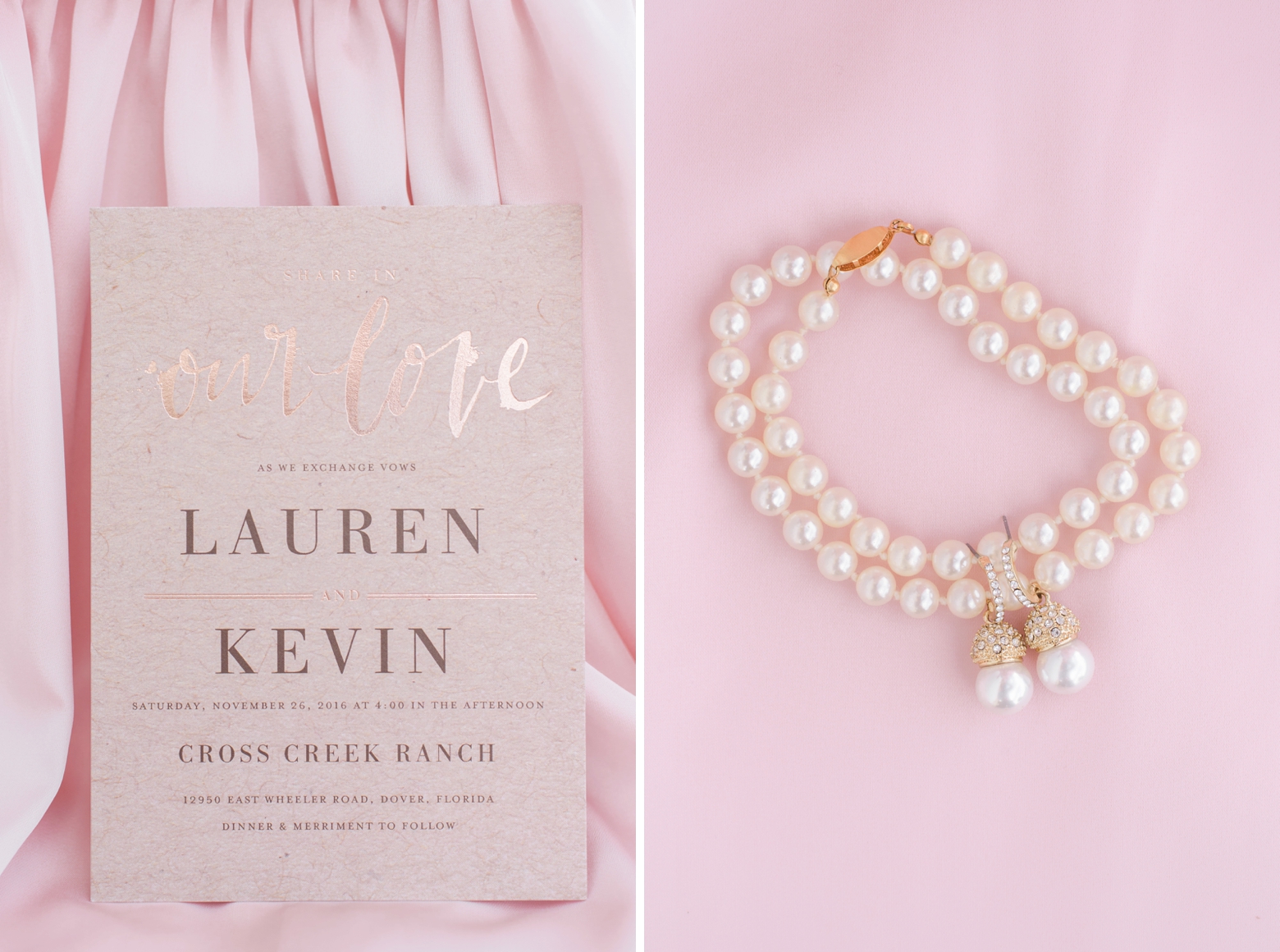 Wedding invitation and pearl bracelet against the pink of a dress