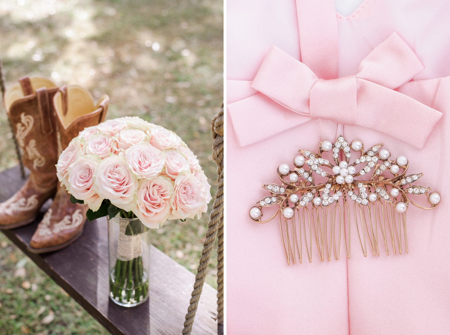 Bridal details of a hair pin and cowboy boots with rose filled flower bouquets