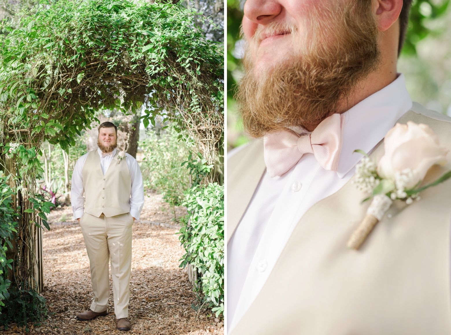 Groom's portrait under the arch of the gate and detailed shot of his bowtie and flower
