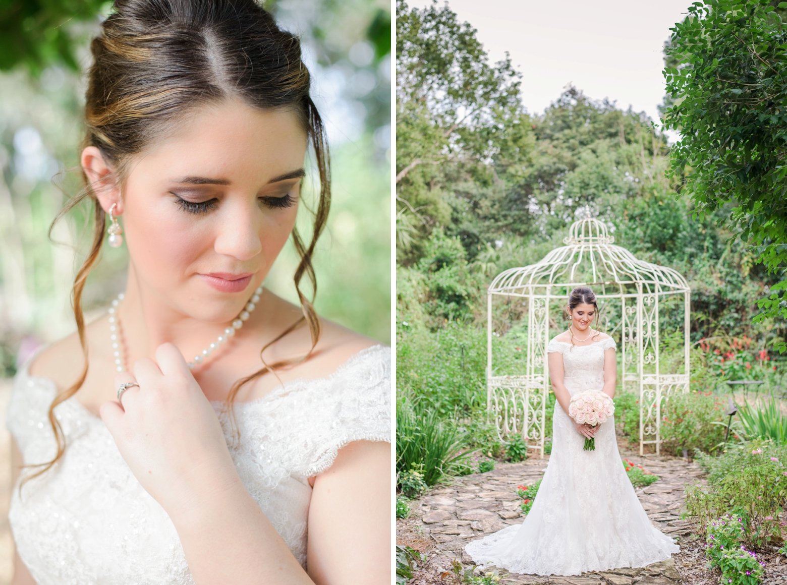 Bride holding her pearl necklace and standing under a metal gazebo holding her rose bouquet