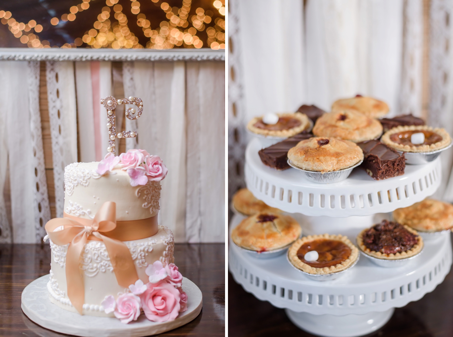 The wedding cake with rose details and sweet little pies on a stand by Sarah and Ben Photography