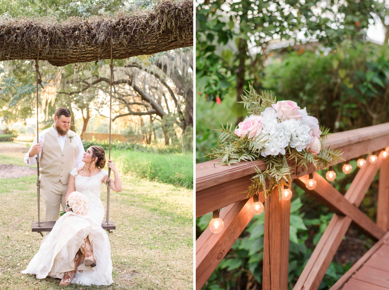 Bride and Groom on a swing under an old oak tree and florals along the bridge railing