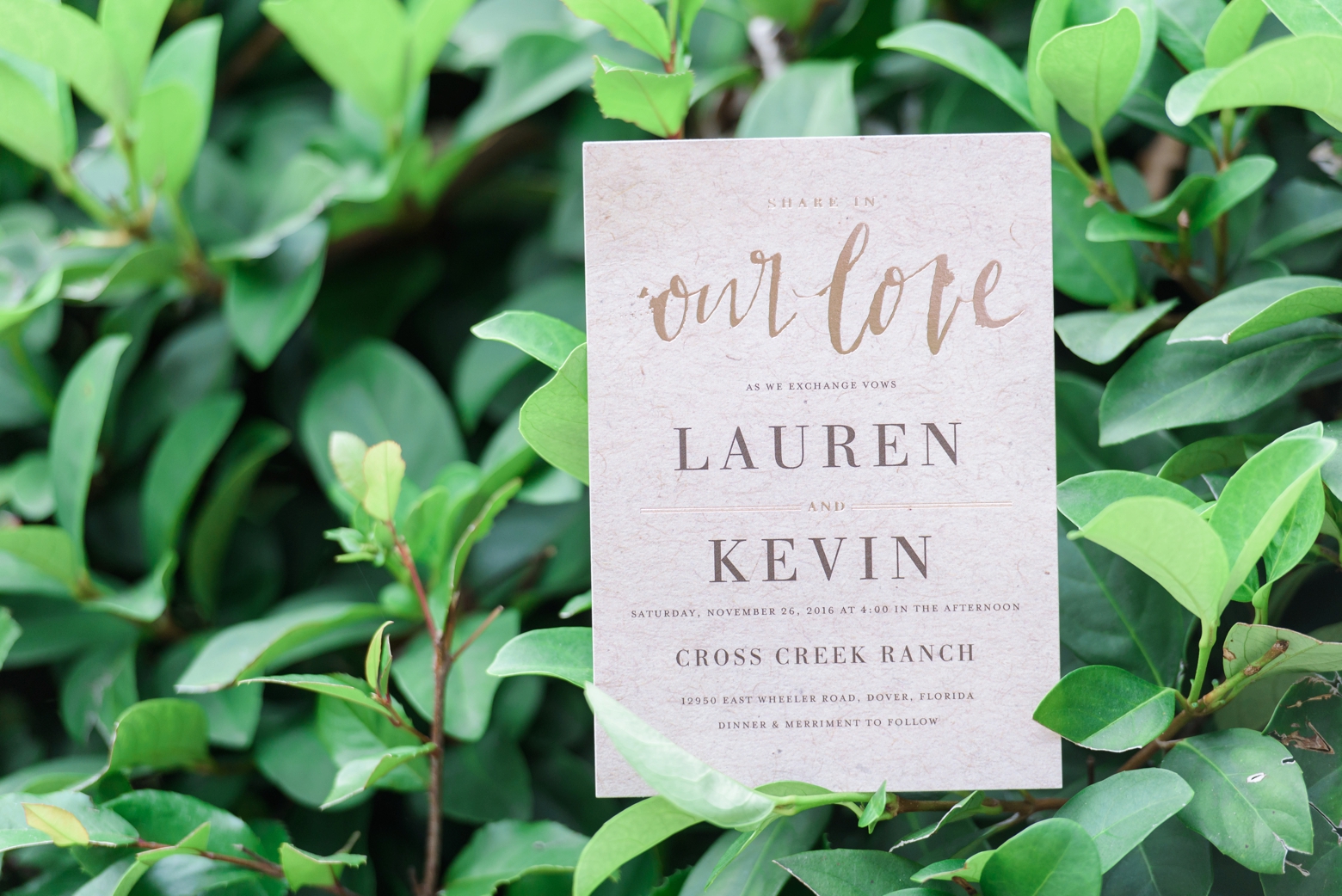 Wedding invitation surrounded by greenery