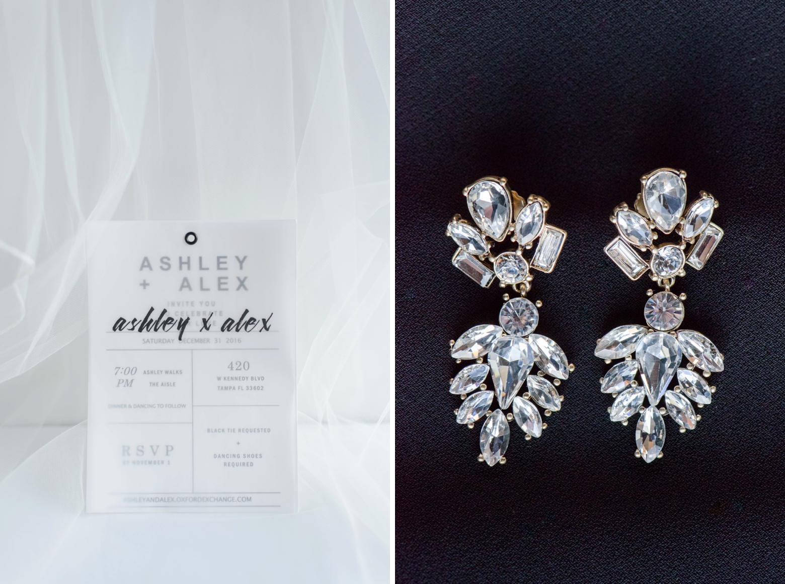 Close up of the Bride's earrings and the wedding invitation against a soft white background by Sarah and Ben Photography