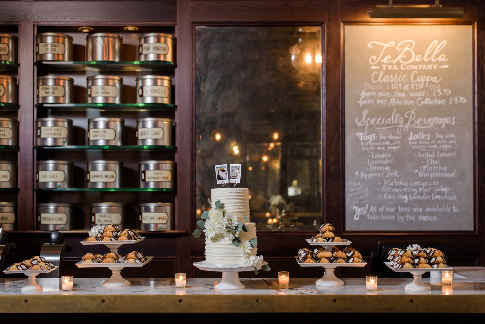 Dessert table across the counter of TeBella tea company in Oxford Exchange