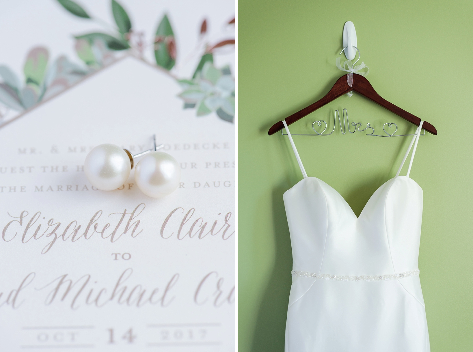 Pearl earrings atop a wedding invitation and the bridal gown hanging on custom hanger.