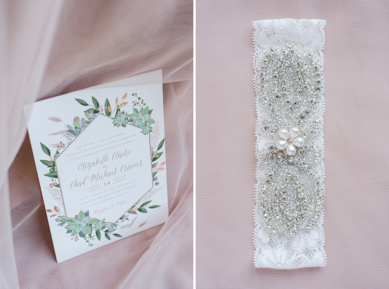 Wedding invitation and pearl and diamond encrusted garter against a blush background
