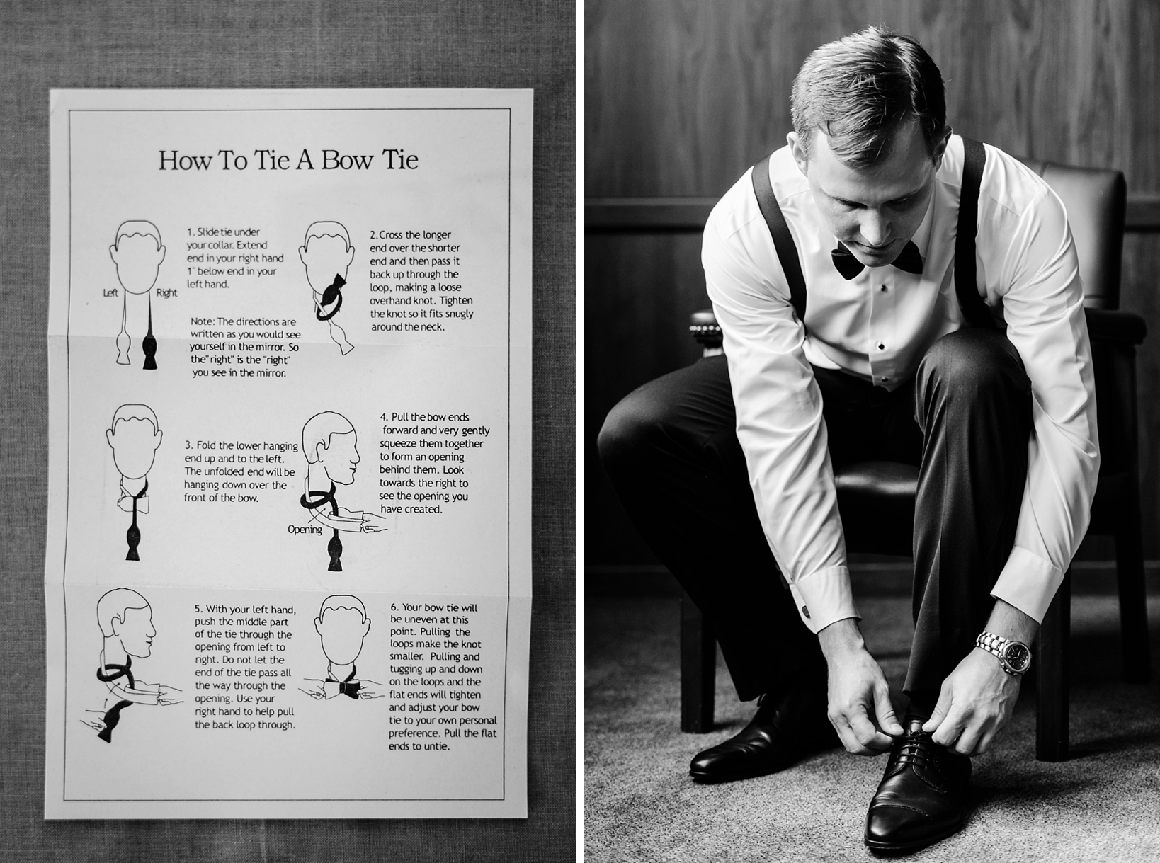 Groom putting his shoes on next to an image of instructions on how to tie a bowtie. 