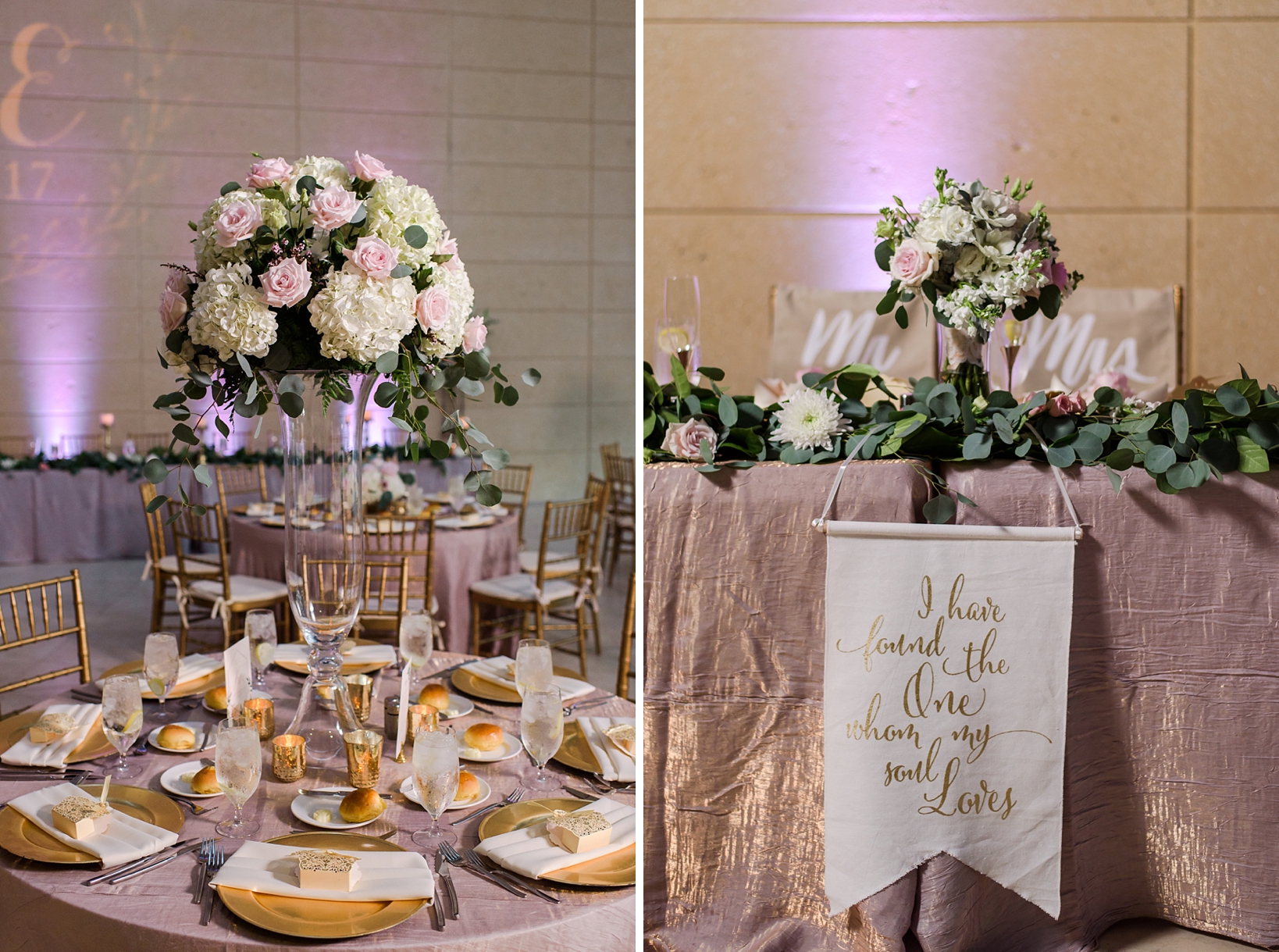 Wedding reception details with large bouquet centerpieces and glass vases in the Museum of Fine Arts