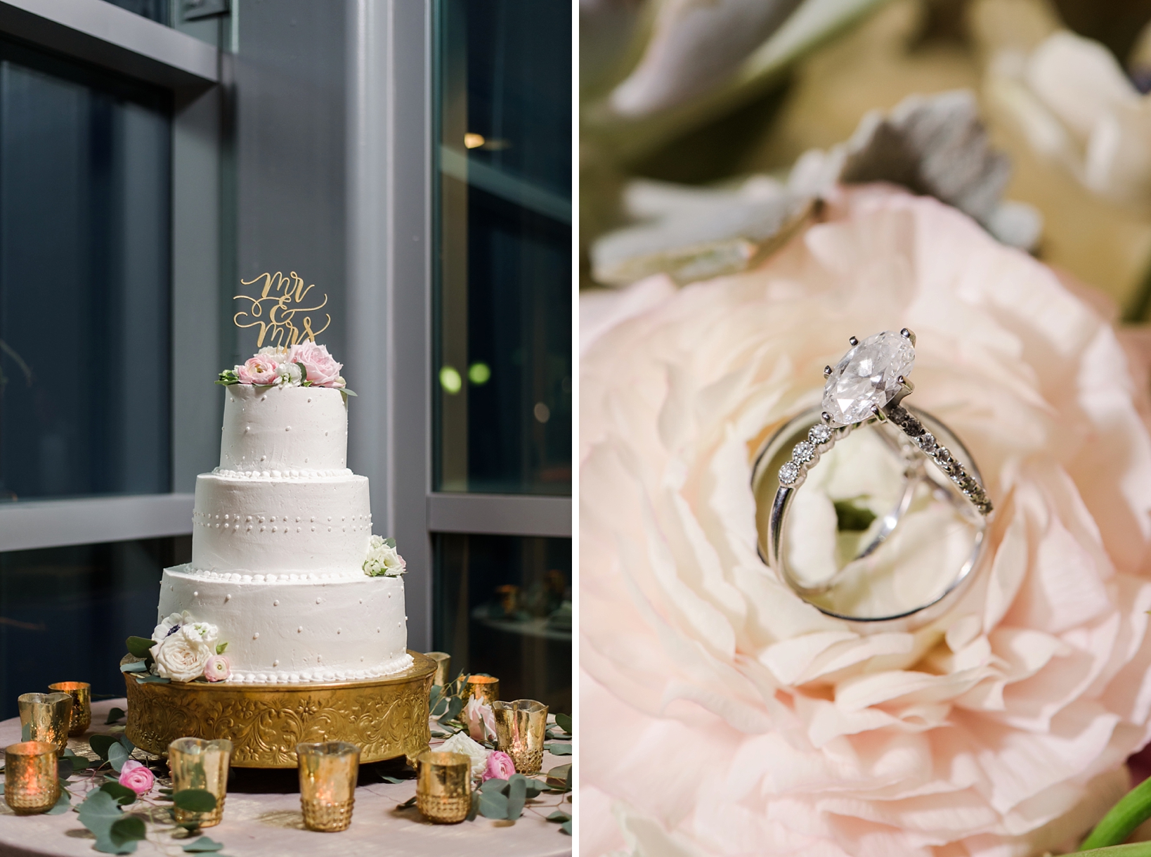 The wedding cake and the wedding bands by Sarah & Ben Photography