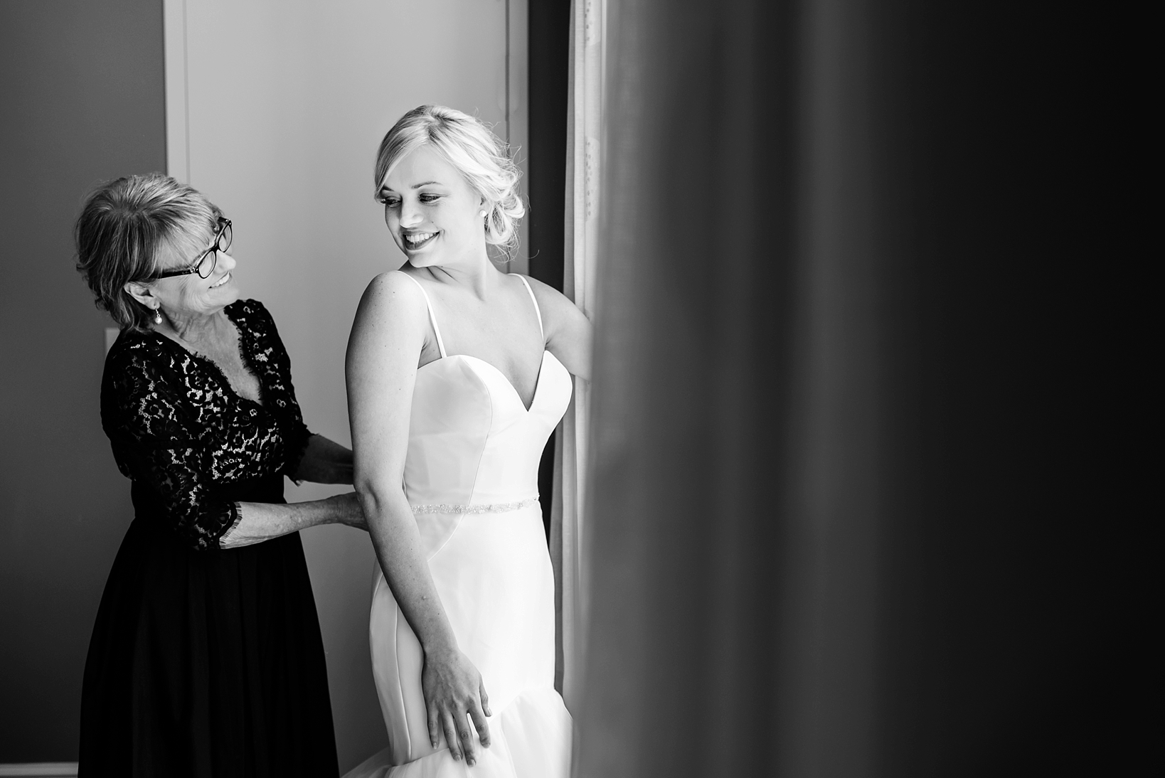 Black and white image of the bride and her mother