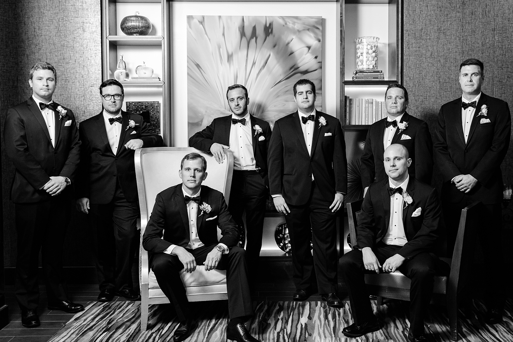 Black and white image of the groomsmen by Sarah & Ben Photography