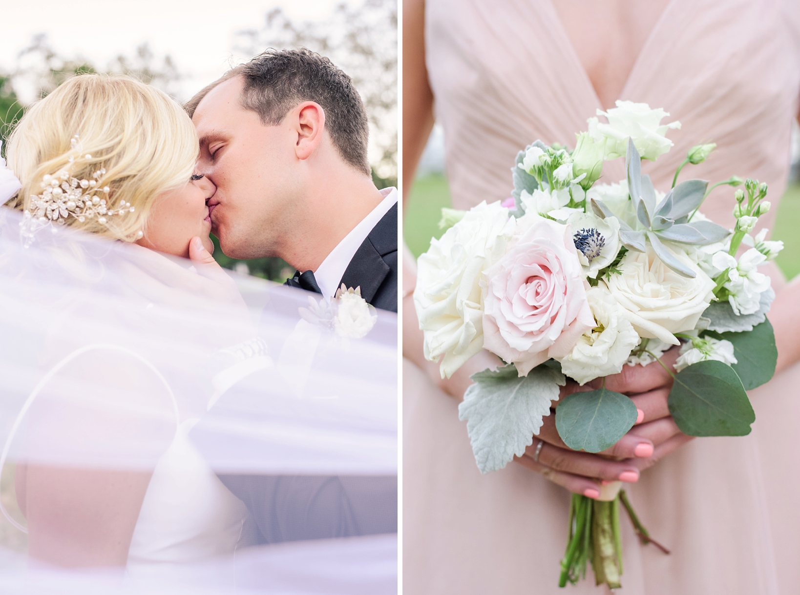 Bride and Groom kiss behind a veil and a close up of a bridesmaids flower bouquet