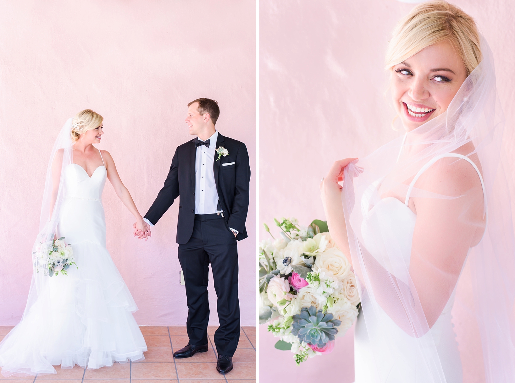 Bride and groom portrait against the pink walls of the Vinoy in St. Petersburg, FL by Sarah & Ben Photography