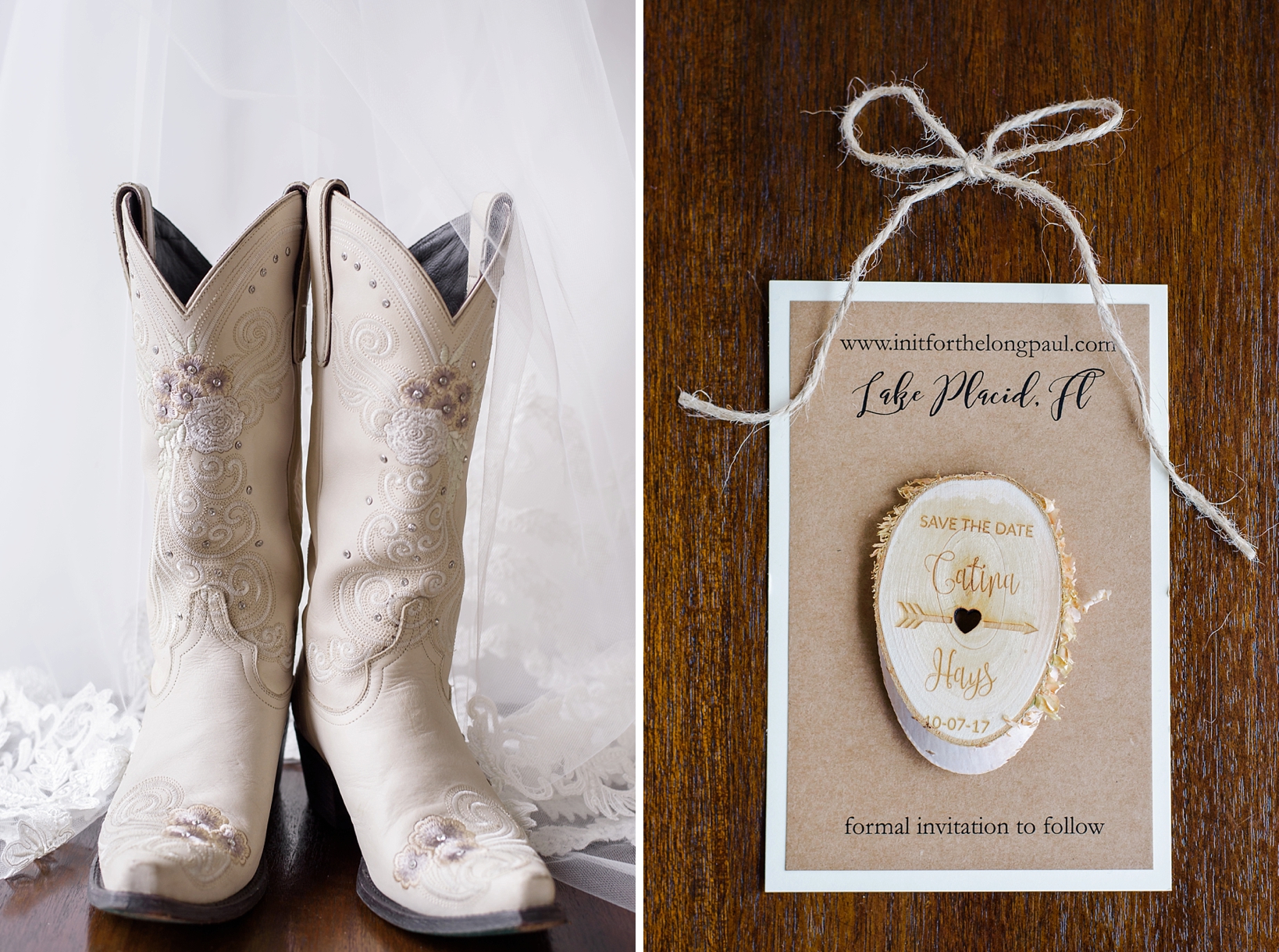 Bridal boots and veil along with save the date magnet made from burned wood