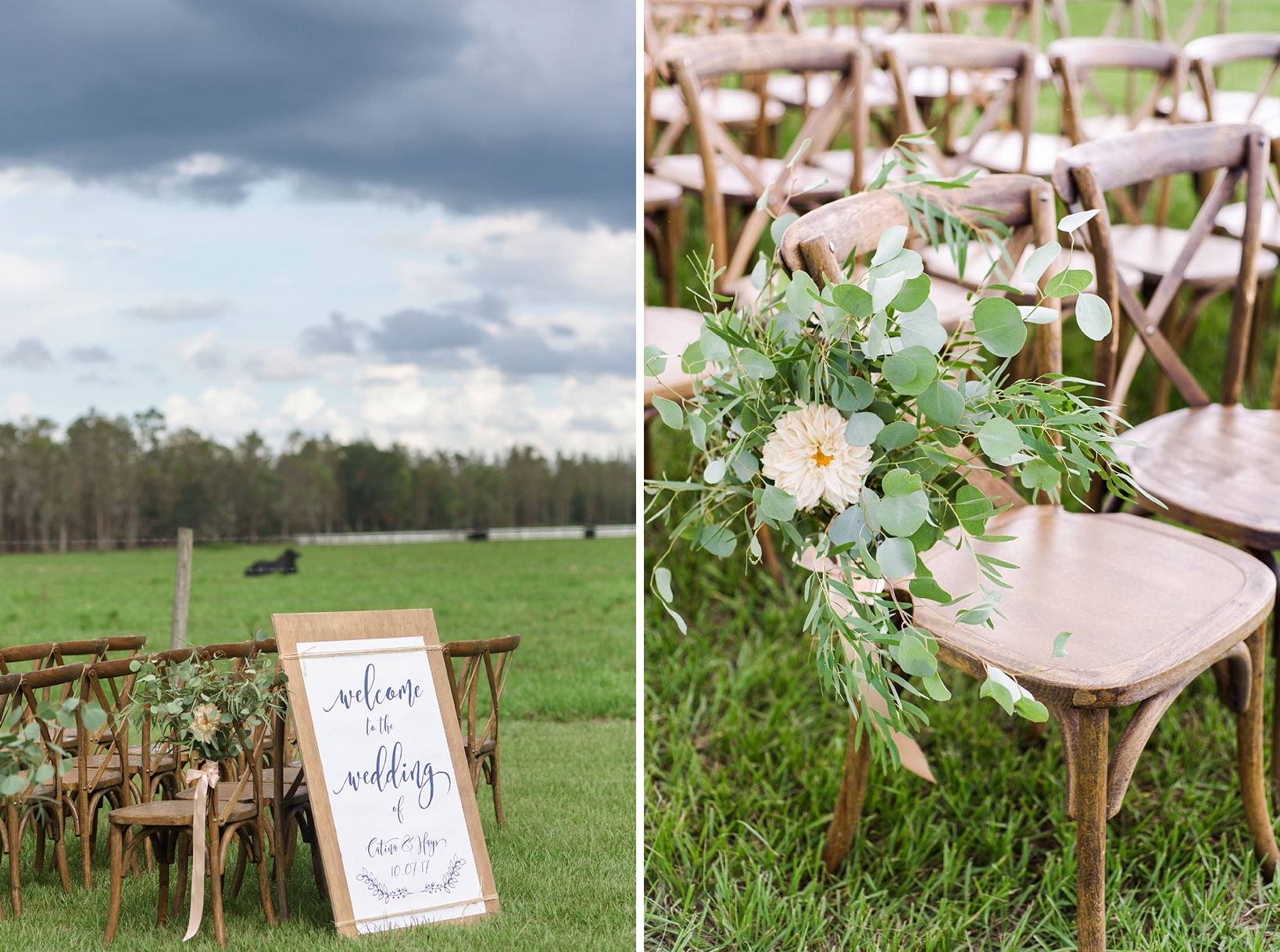 Welcoming sign at the ceremony and detailed florals along the aisle 