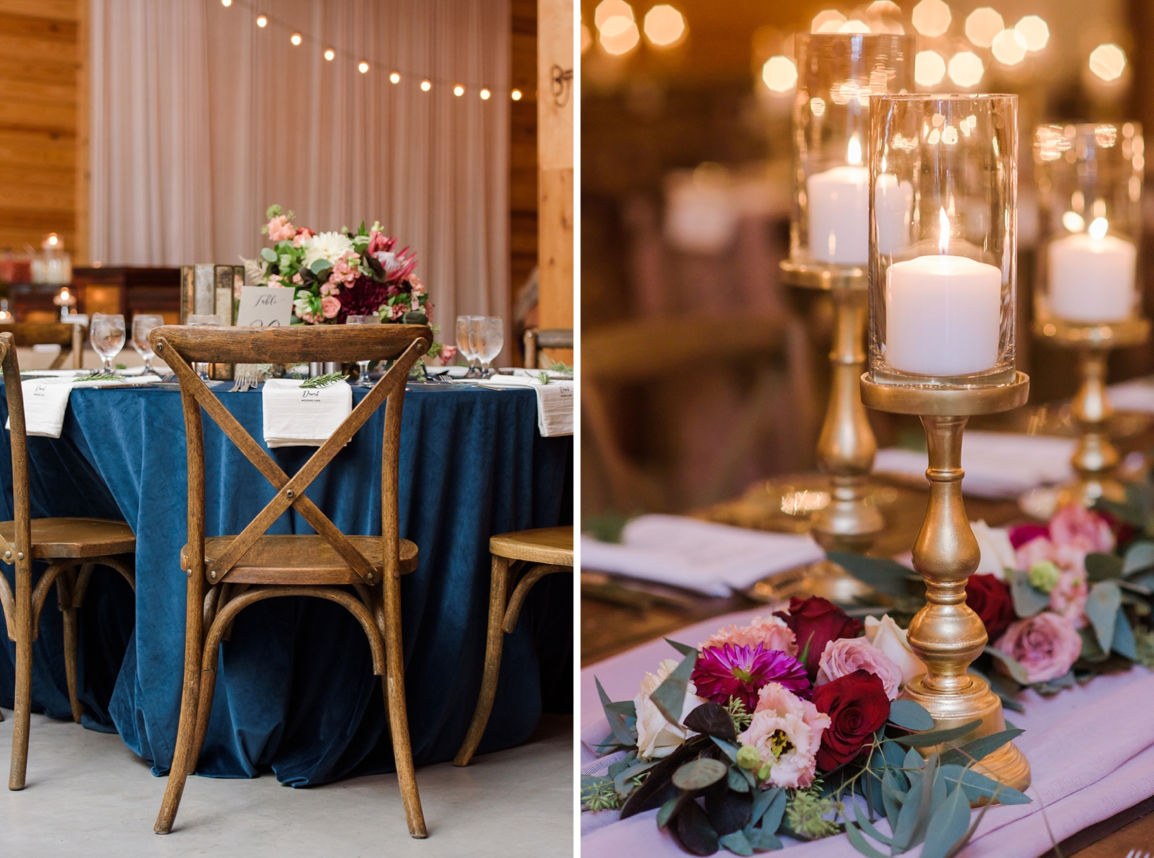 Rustic wedding chair and floral table runners