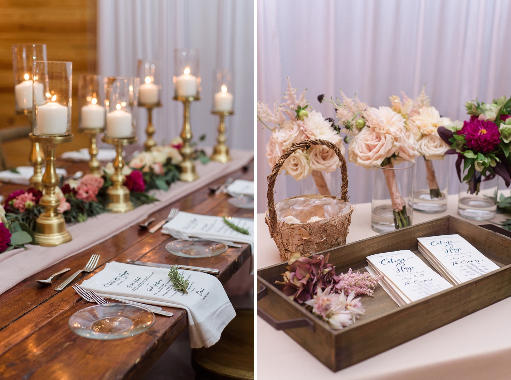 Table details including menus printed on linen napkins and rows of candles