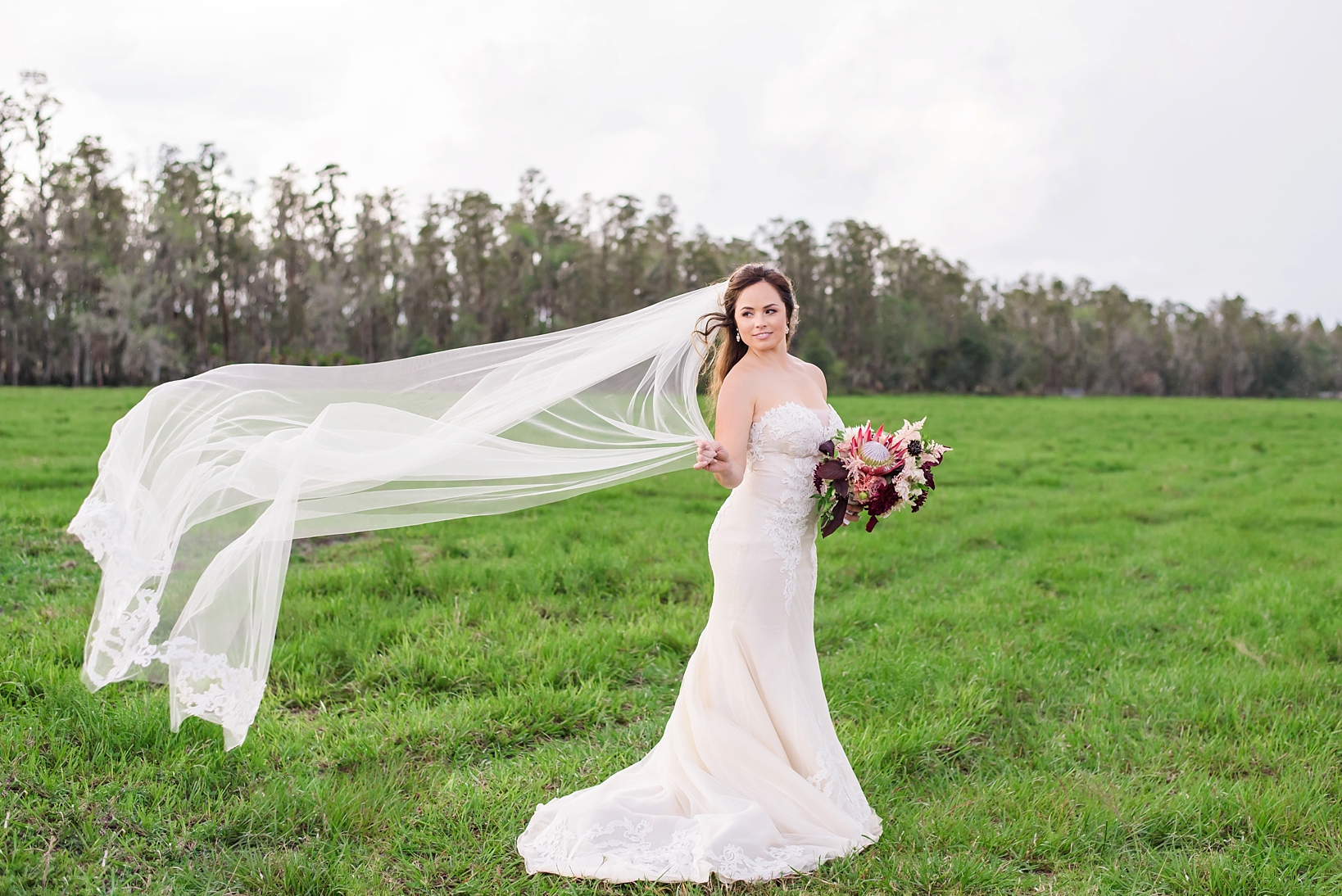 Bride with her cathedral veil blowing in the wind