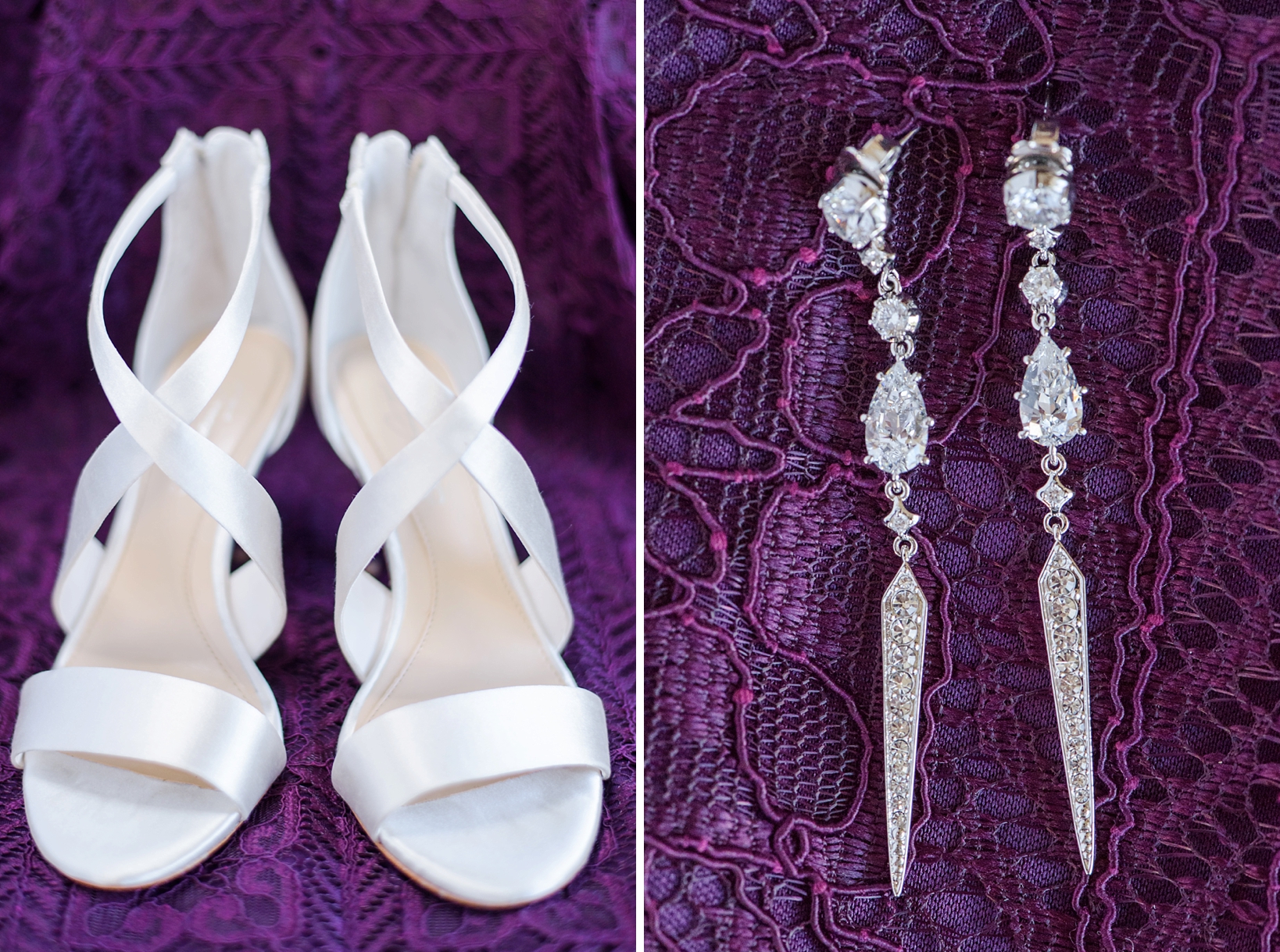 The bride's heels and earrings against a purple bridesmaid dress