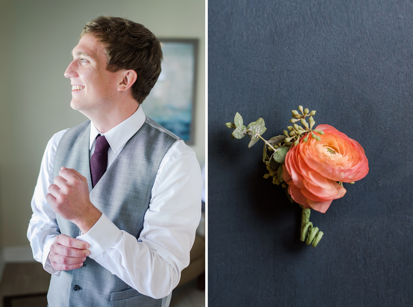 Groom putting his cufflinks on and a close-up of his boutonniere 