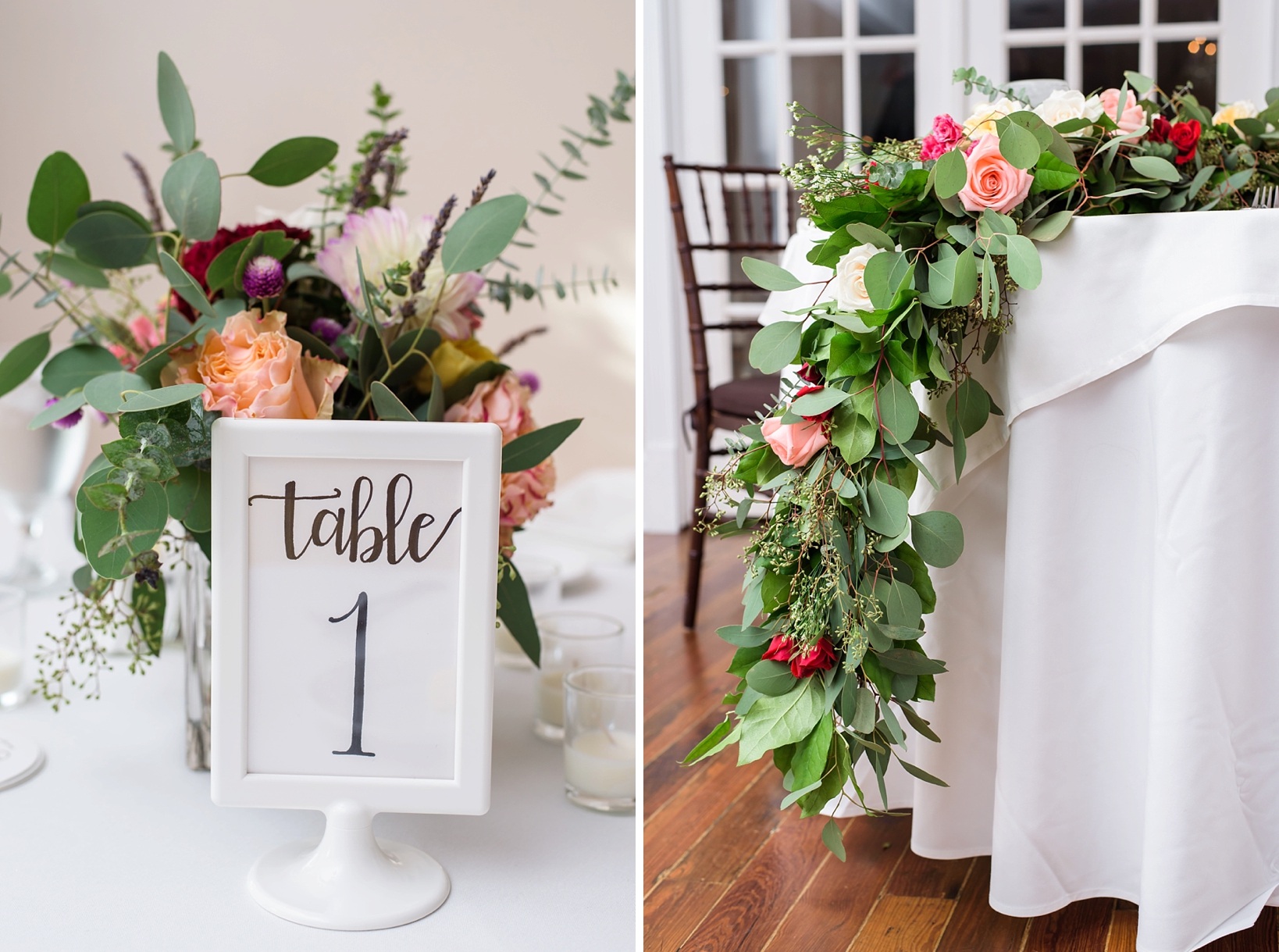 Reception details including a floral runner and a table sign