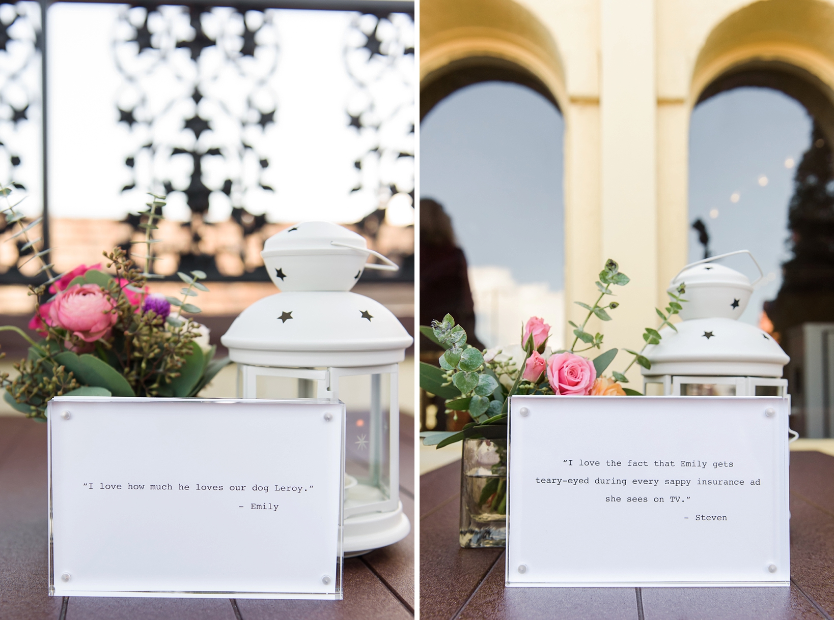 Framed quotes from the bride and groom around the ceremony space