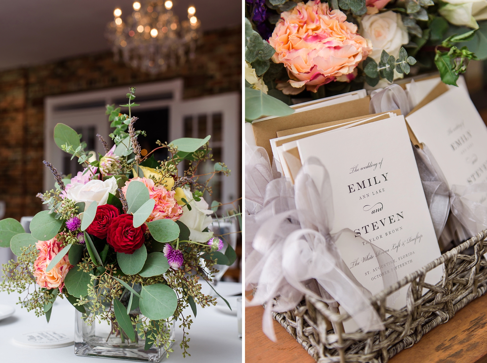 Wedding programs and table centerpieces during the wedding reception